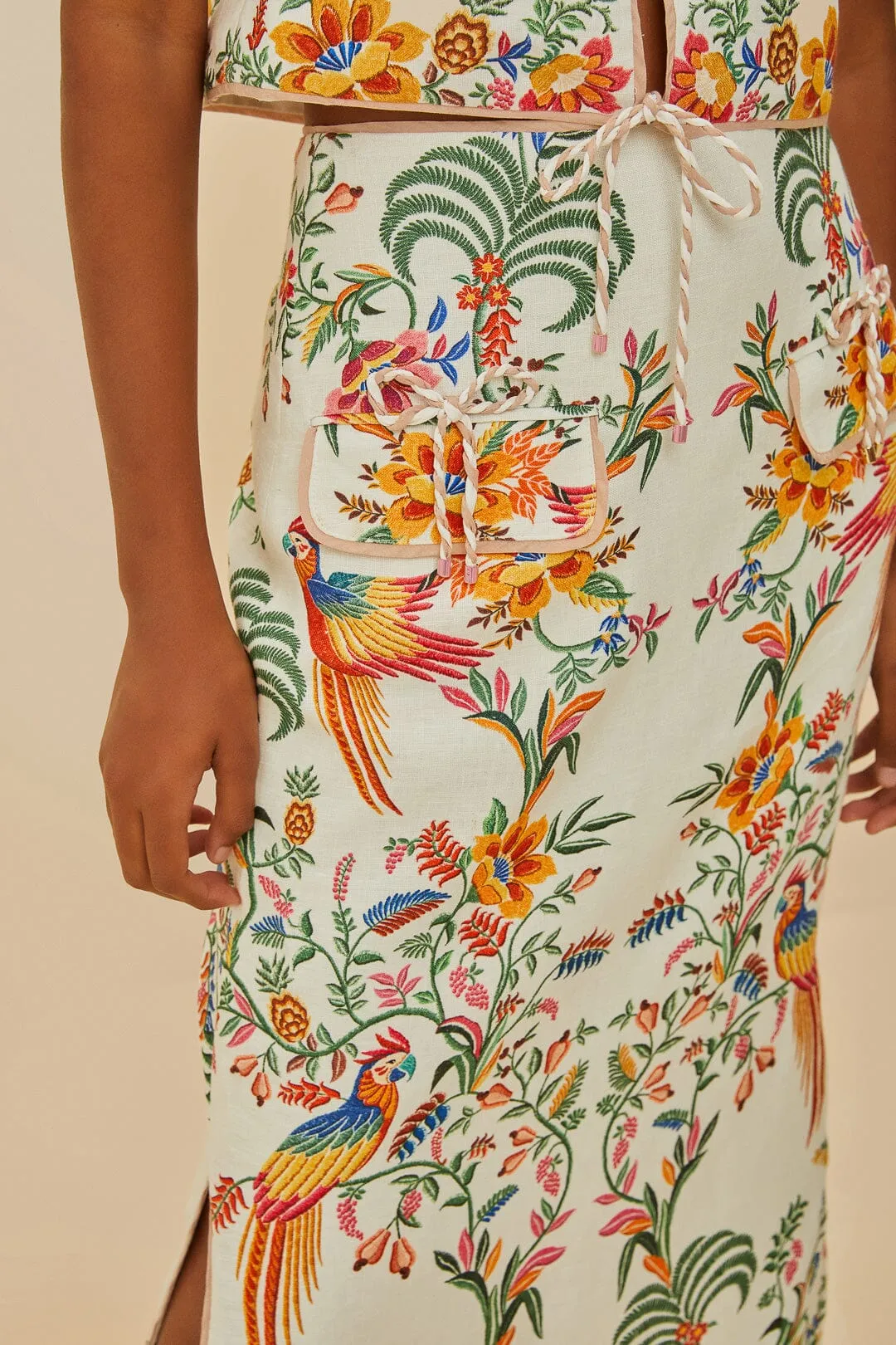 Emerging Designer Off-White Delicate Forest Euroflax? Premium Linen Midi Skirt