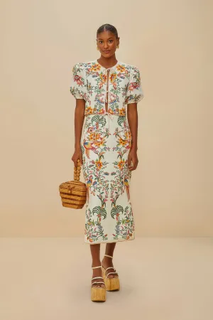 All Season Off-White Delicate Forest Euroflax? Premium Linen Midi Skirt