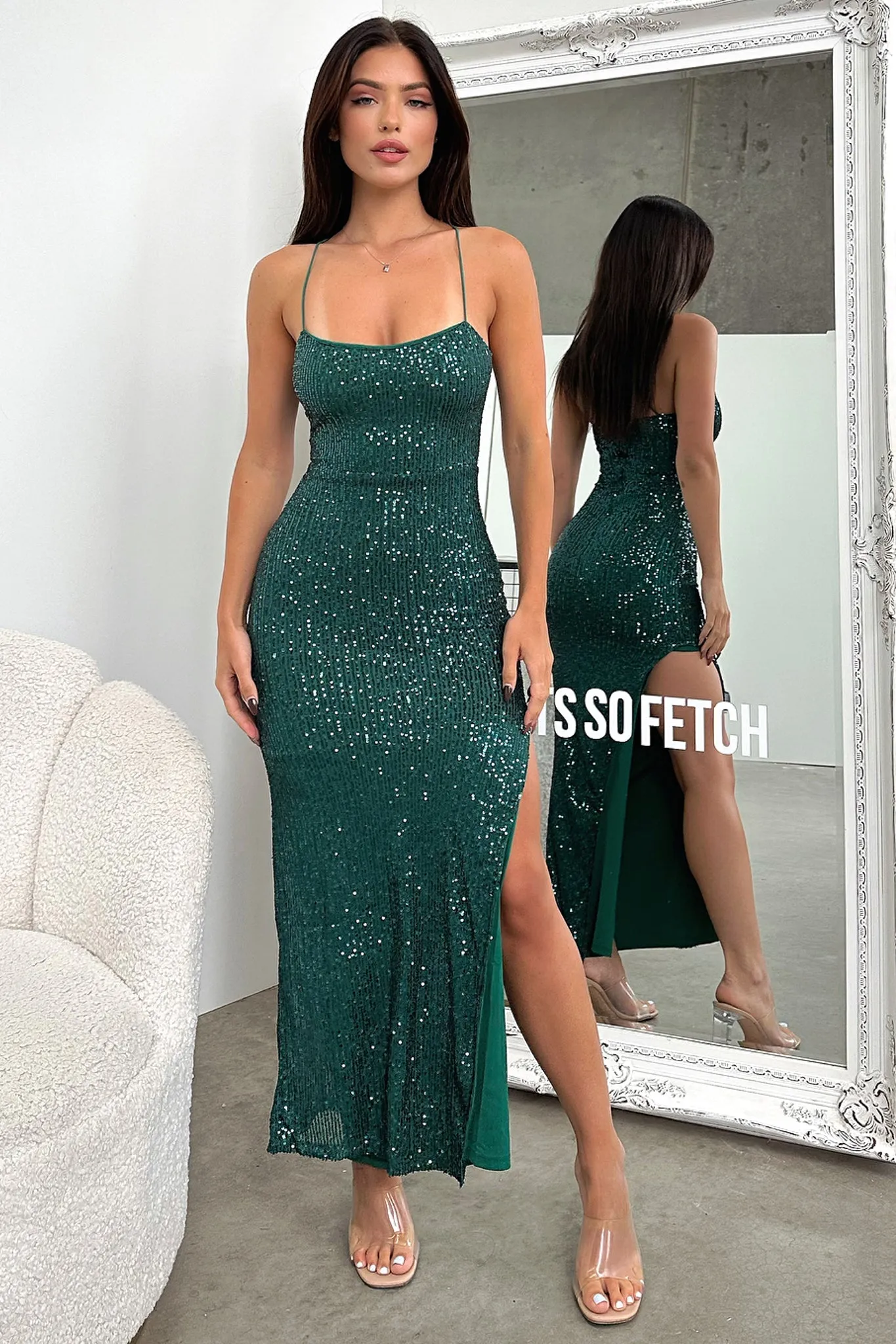 Alina Sequin Maxi Dress - Emerald Print Allover Amber Glow