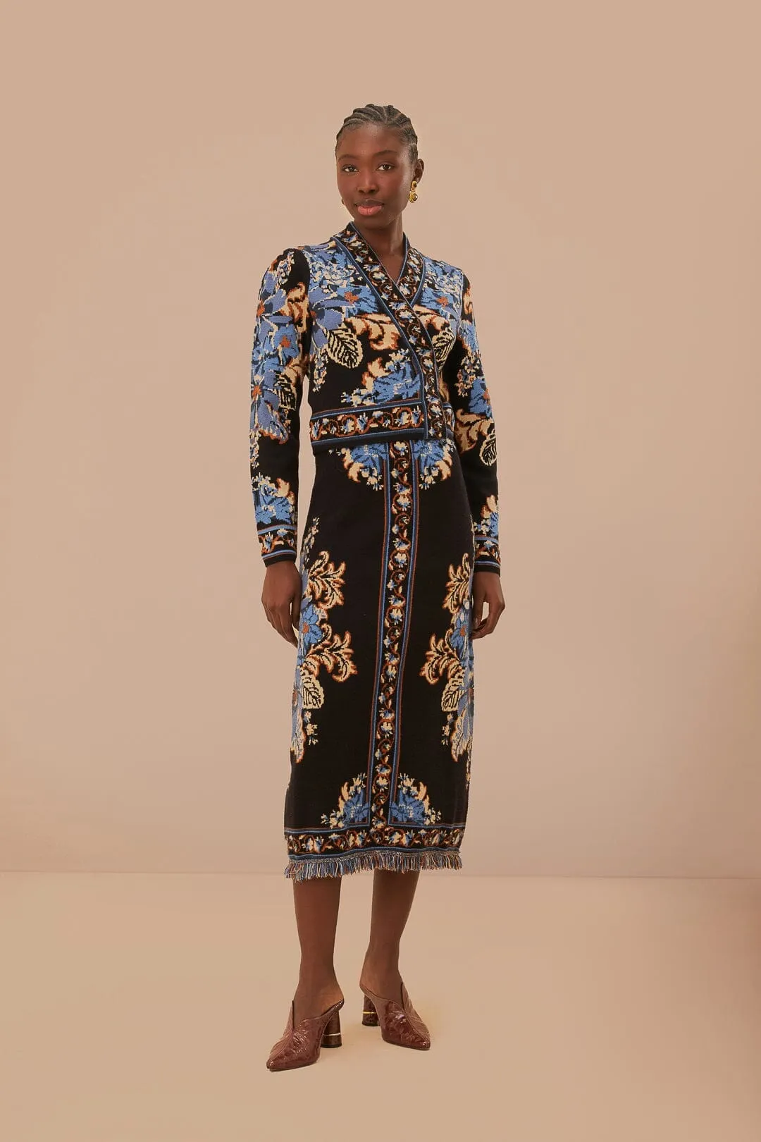 Thermal Regulating Recycled Polyester Black Blossom Tapestry Knit Skirt