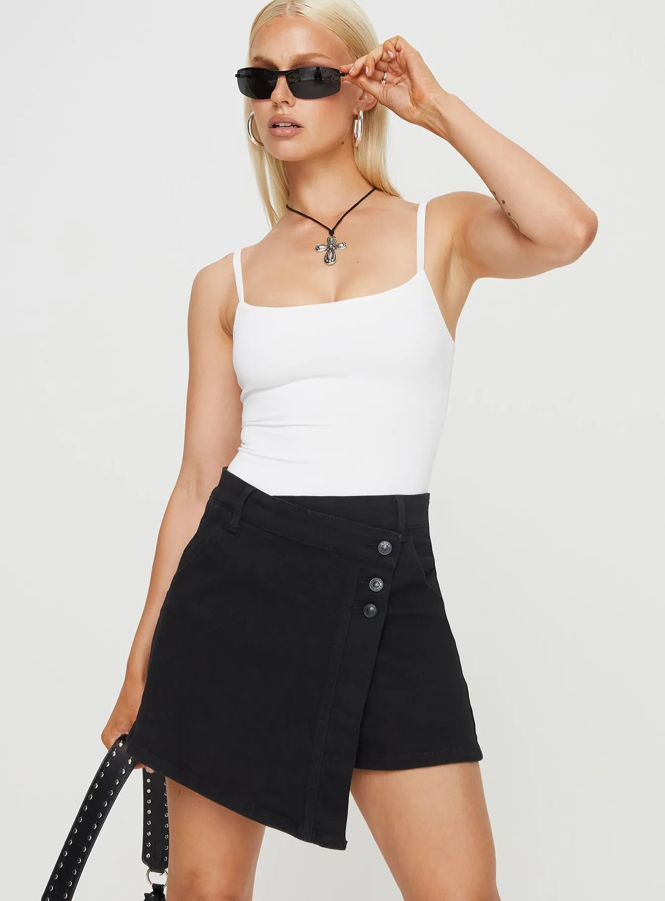 Kaycie Wrap Skort Black Denim Weighted Hem