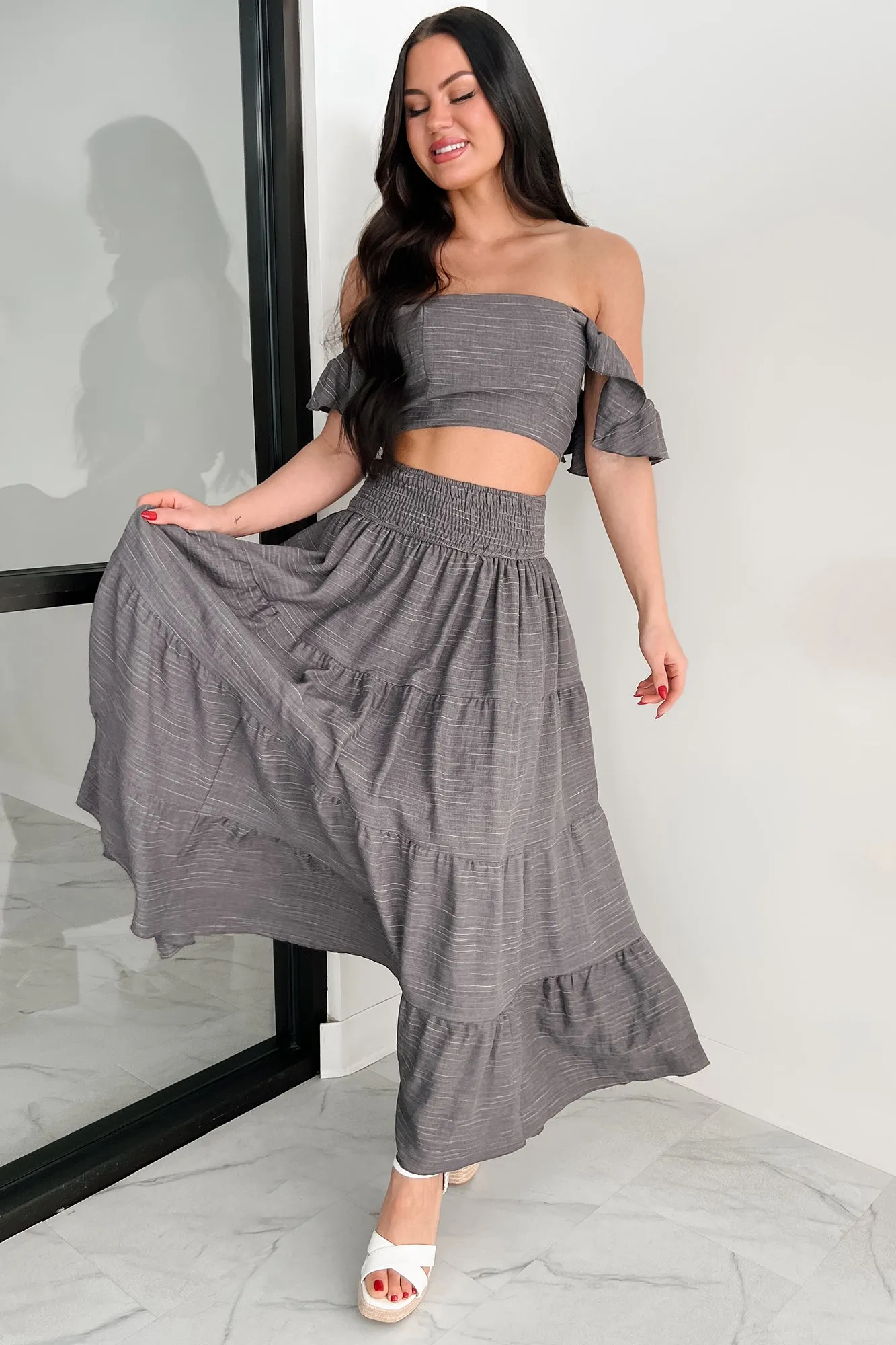 Artistic Influence Laugh Till It Hurts Two Piece Ruffle Skirt Set (Charcoal)
