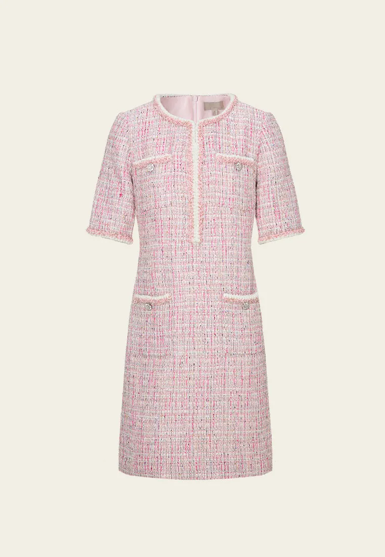Mixed Tweed Contrasting-trim Midi Dress LayeredNeckline