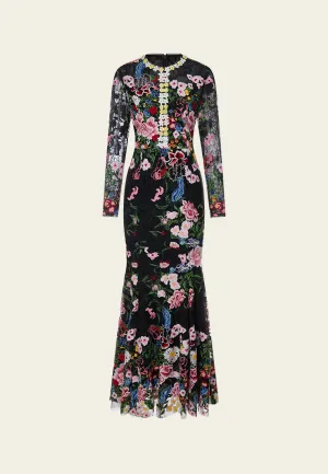 PunctureResistant Fabric wrinkle free Slim-fit Fishtail Floral Embroidered Mesh Dress