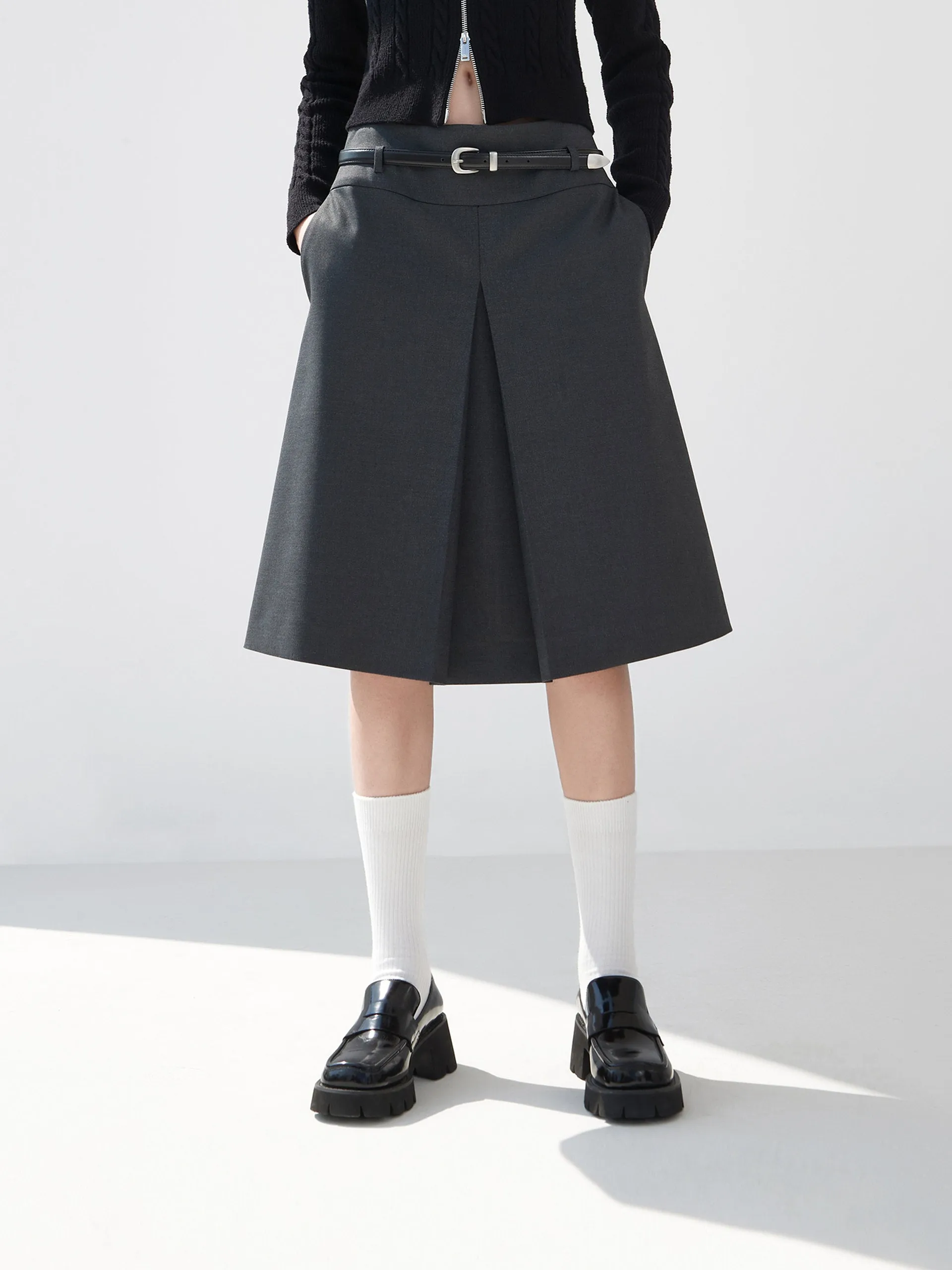 Pleated Midi Skirt with Belt Functional Fashion