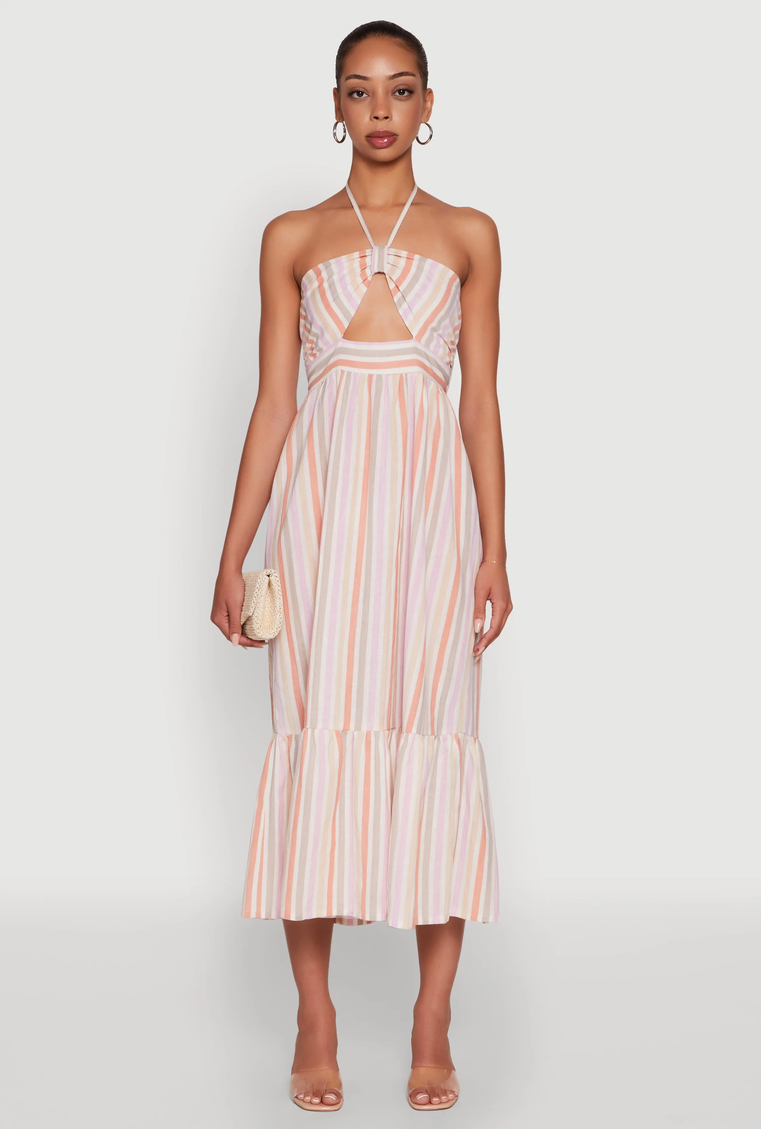 Spoon Jeans Striped Keyhole Halter Sundress Bohemian-inspired midi