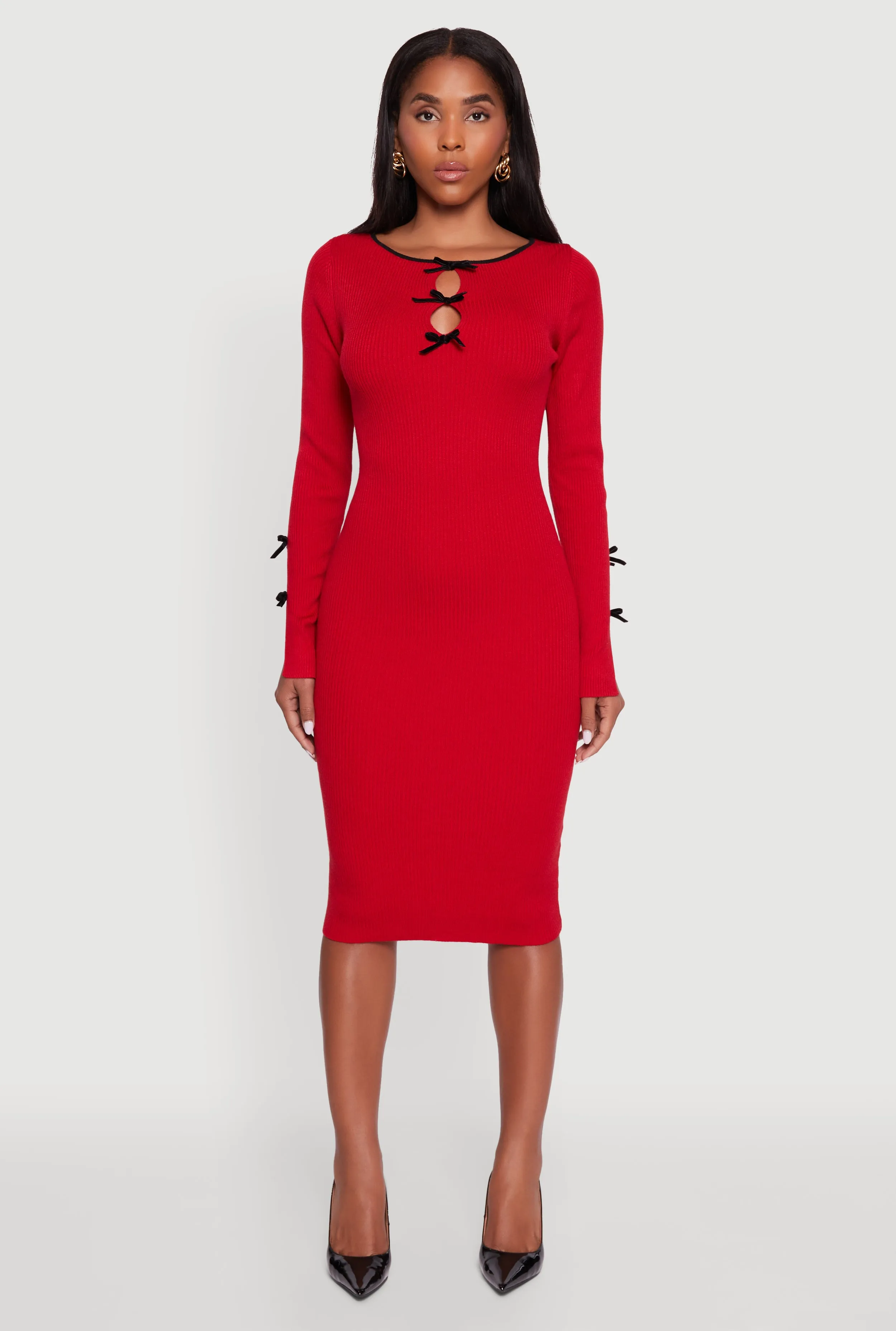 Fashionable Design Ruby Shine Ribbed Knit Bow Detail Sweater Midi Dress