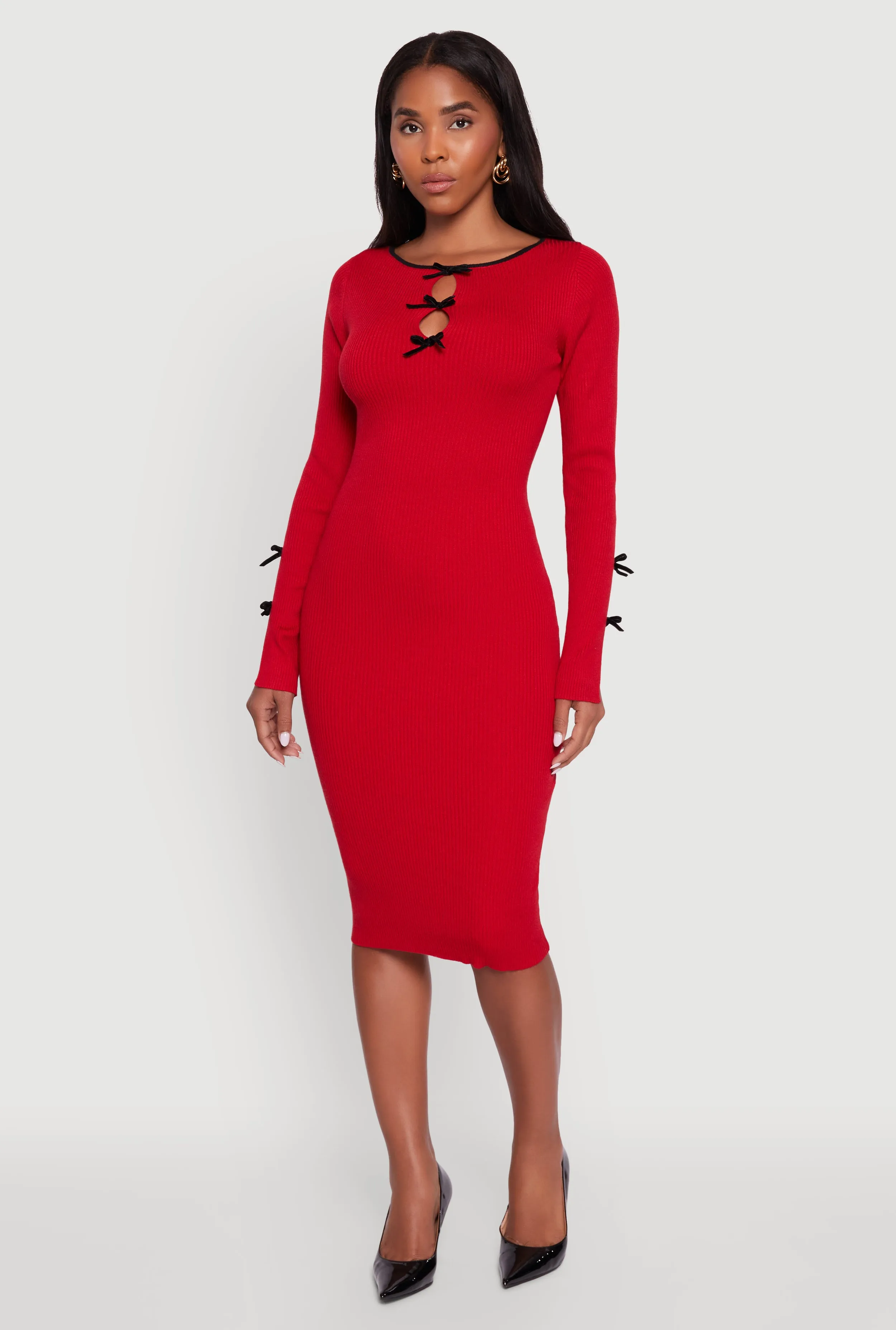 Ribbed Knit Bow Detail Sweater Midi Dress Planet View Retro Fan