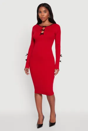 Ribbed Knit Bow Detail Sweater Midi Dress Planet View Retro Fan
