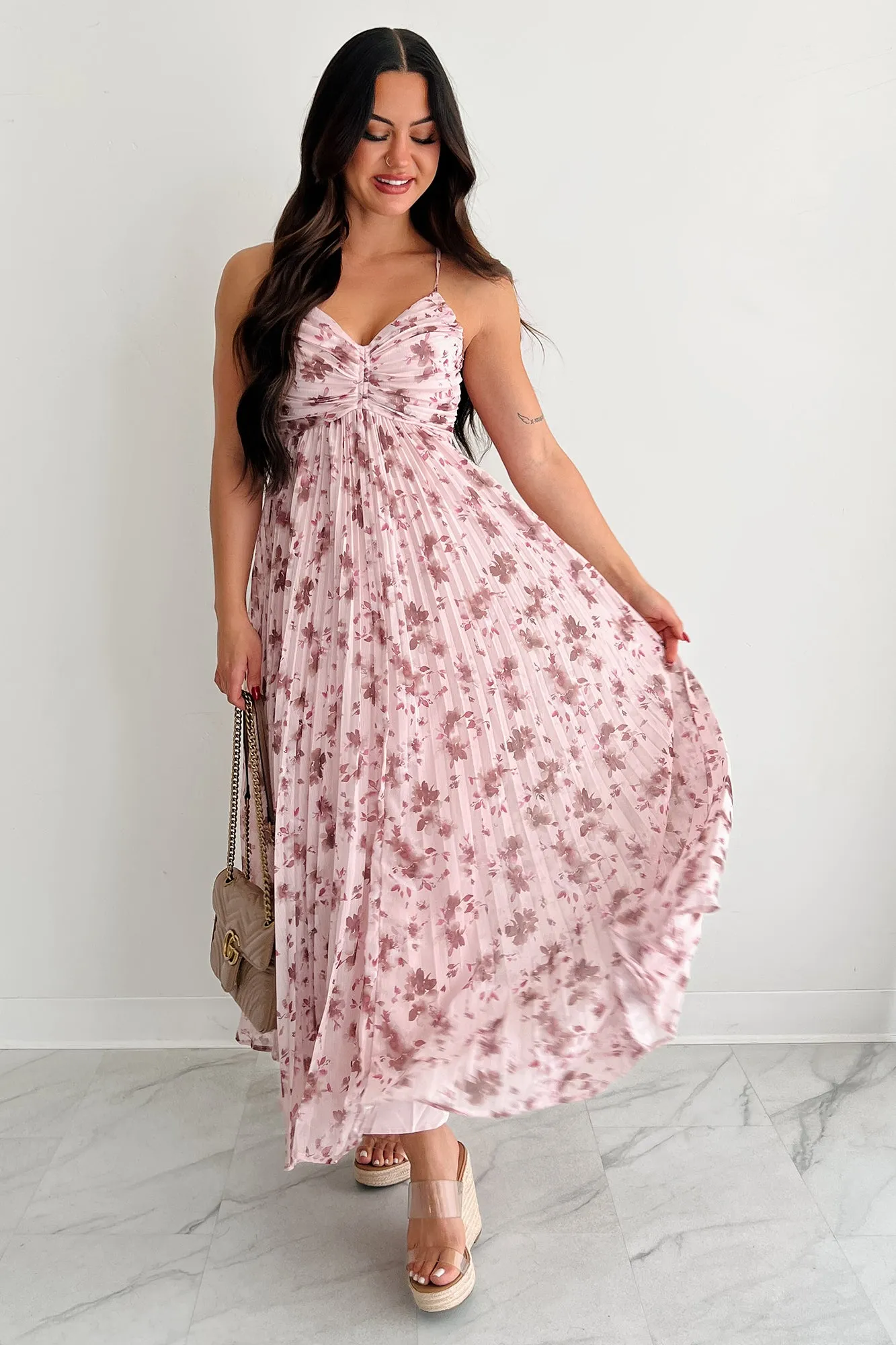 Morning Muse Pleated Floral Maxi Dress (Burgundy) Free Air