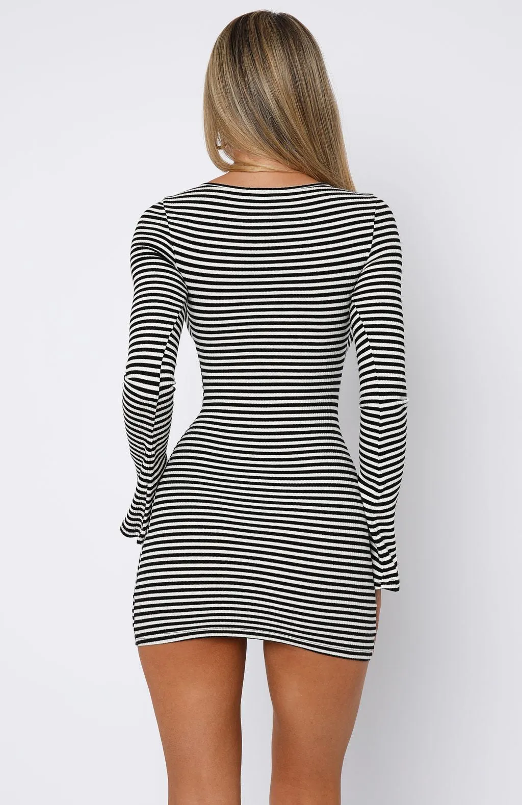 Lost Files Long Sleeve Mini Dress Black/White Stripe TearResistant DoubleLayered Structure