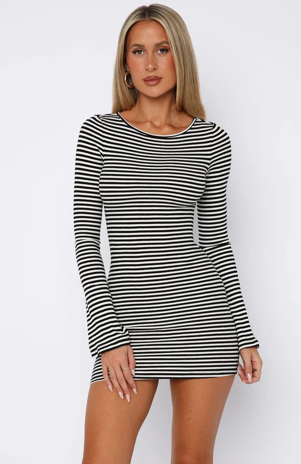 Chic Fit Adjustable Drawcord Lost Files Long Sleeve Mini Dress Black/White Stripe