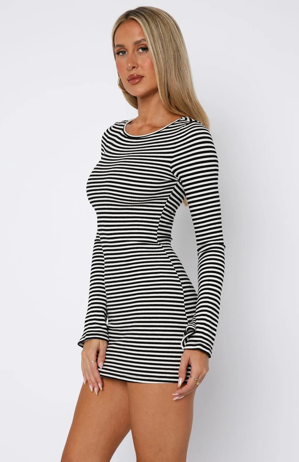 LowMaintenance Gentle Glow Lost Files Long Sleeve Mini Dress Black/White Stripe