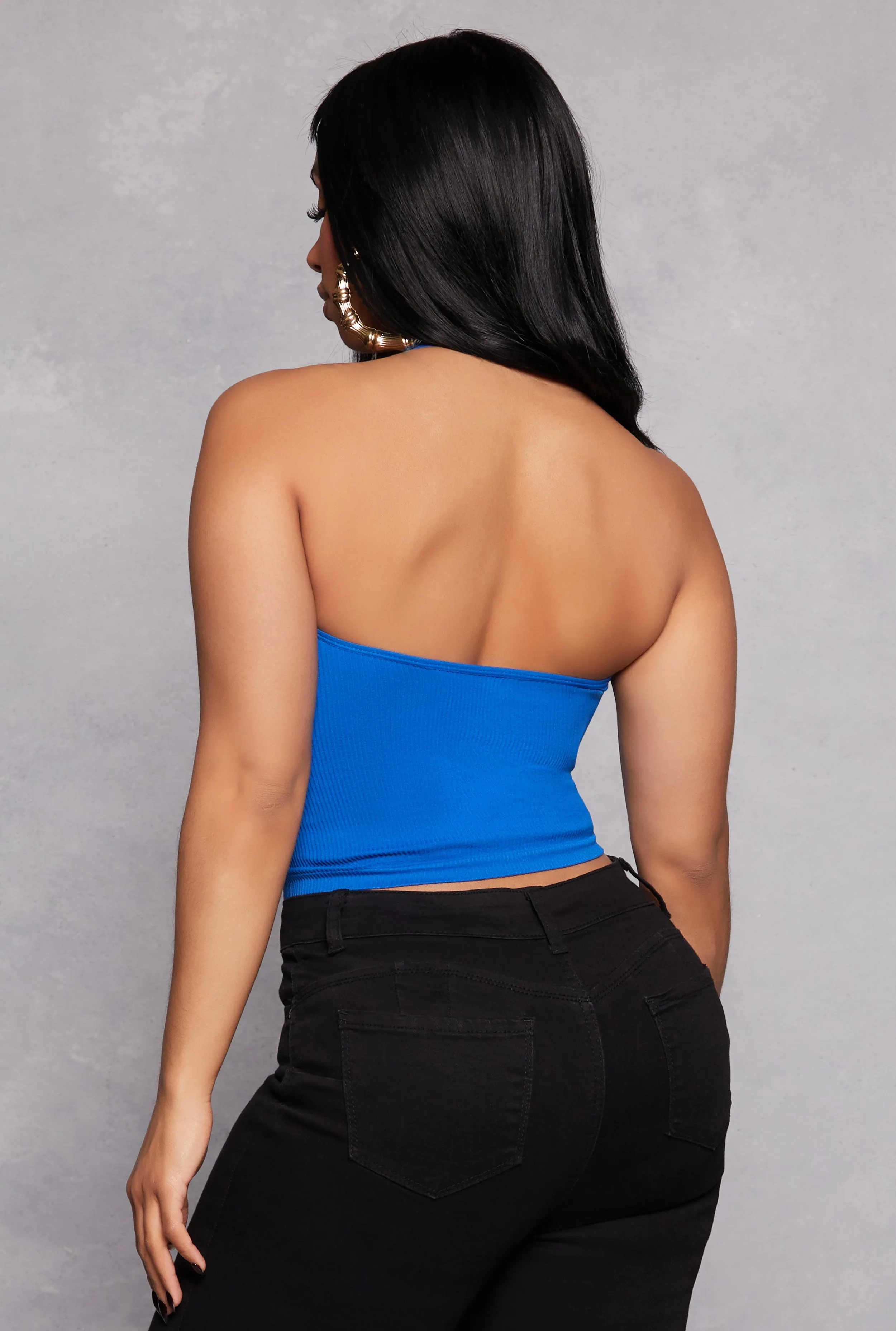 Reflective Trims difficult to operate Ribbed Knit Seamless Halter Top