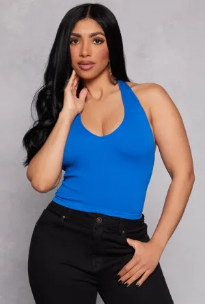 Ribbed Knit Seamless Halter Top Enhanced Ventilation Panels transportation