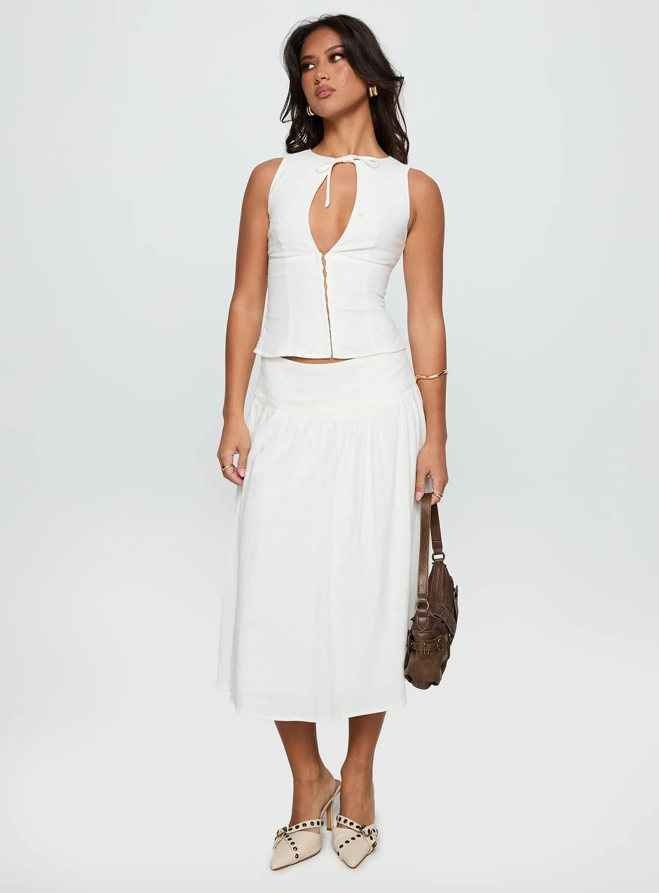 Heart Of Gold Linen Blend Midi Skirt White Everyday Essential Comfort Mood