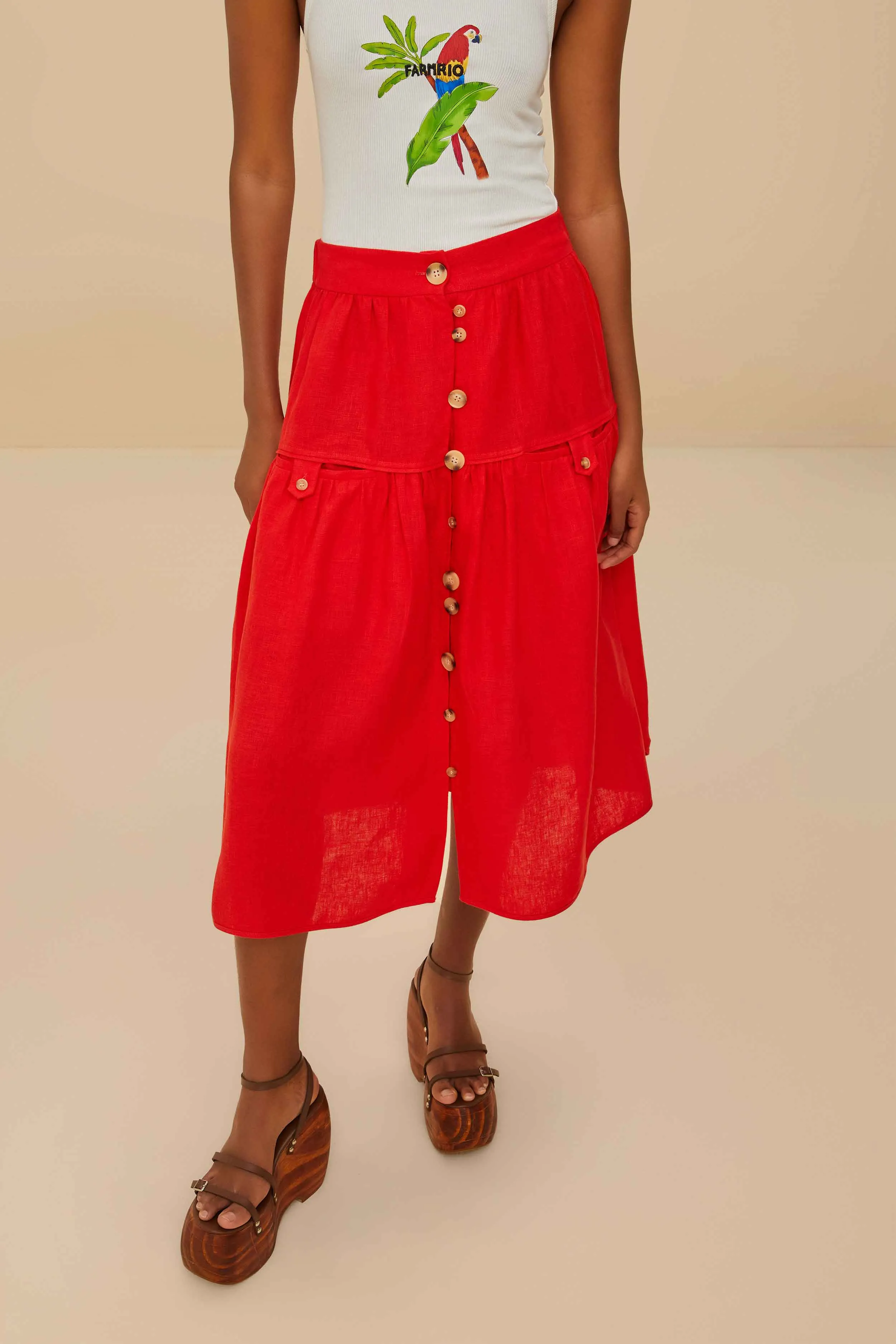 Tear Resistant Stretch Material Red Mixed Buttons Euroflax? Premium Linen Midi Skirt