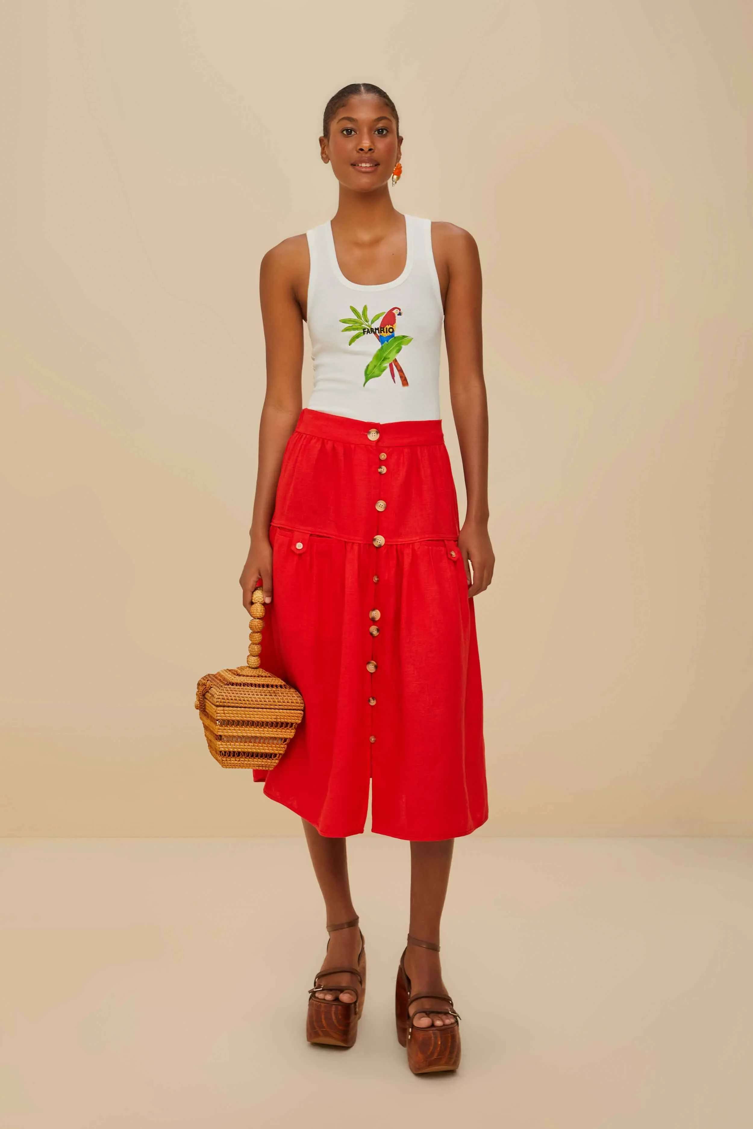 Vegan Material Red Mixed Buttons Euroflax? Premium Linen Midi Skirt