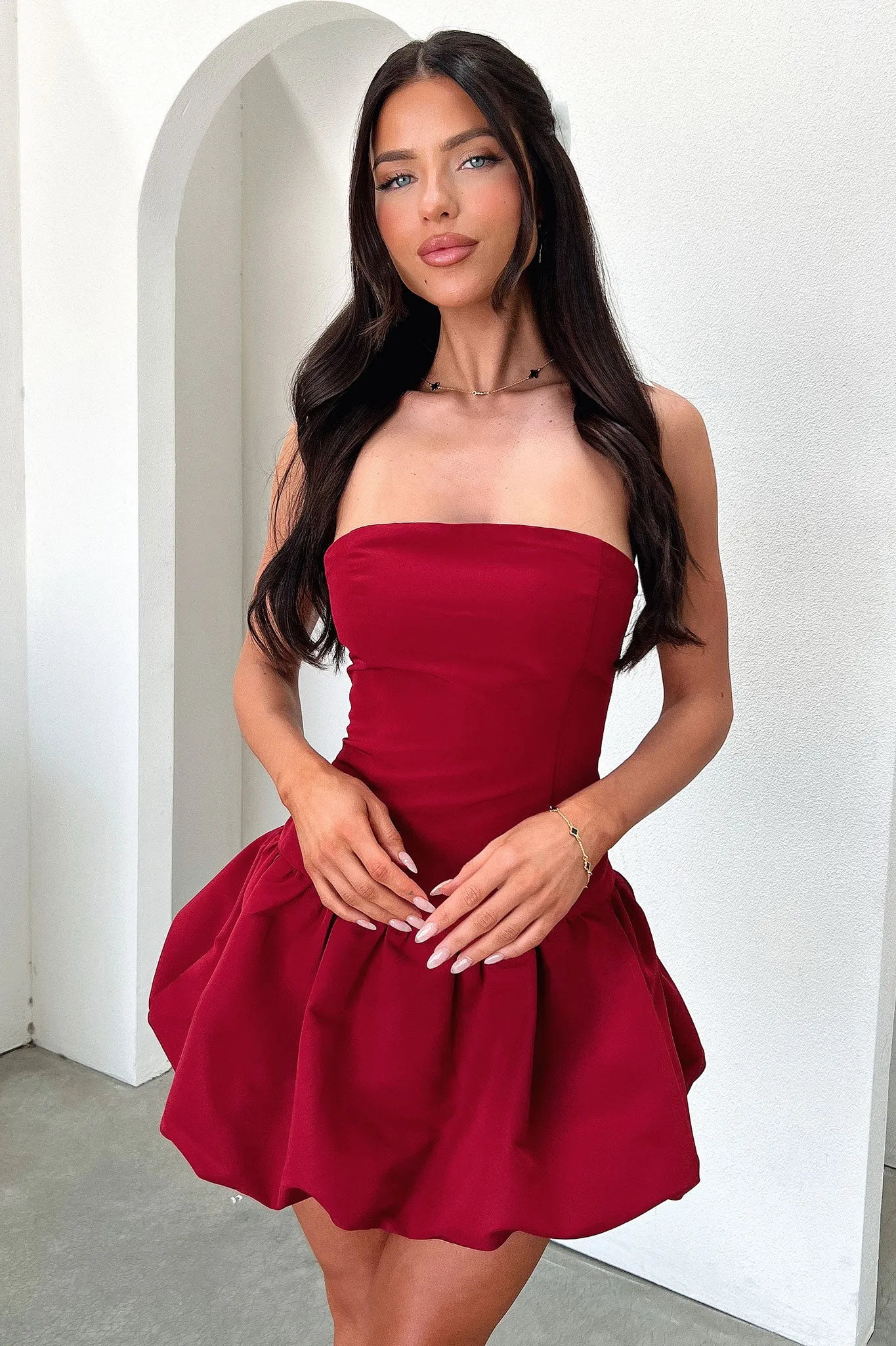 Kloe Bubble Skirt Strapless Mini Dress - Burgundy Club Glow