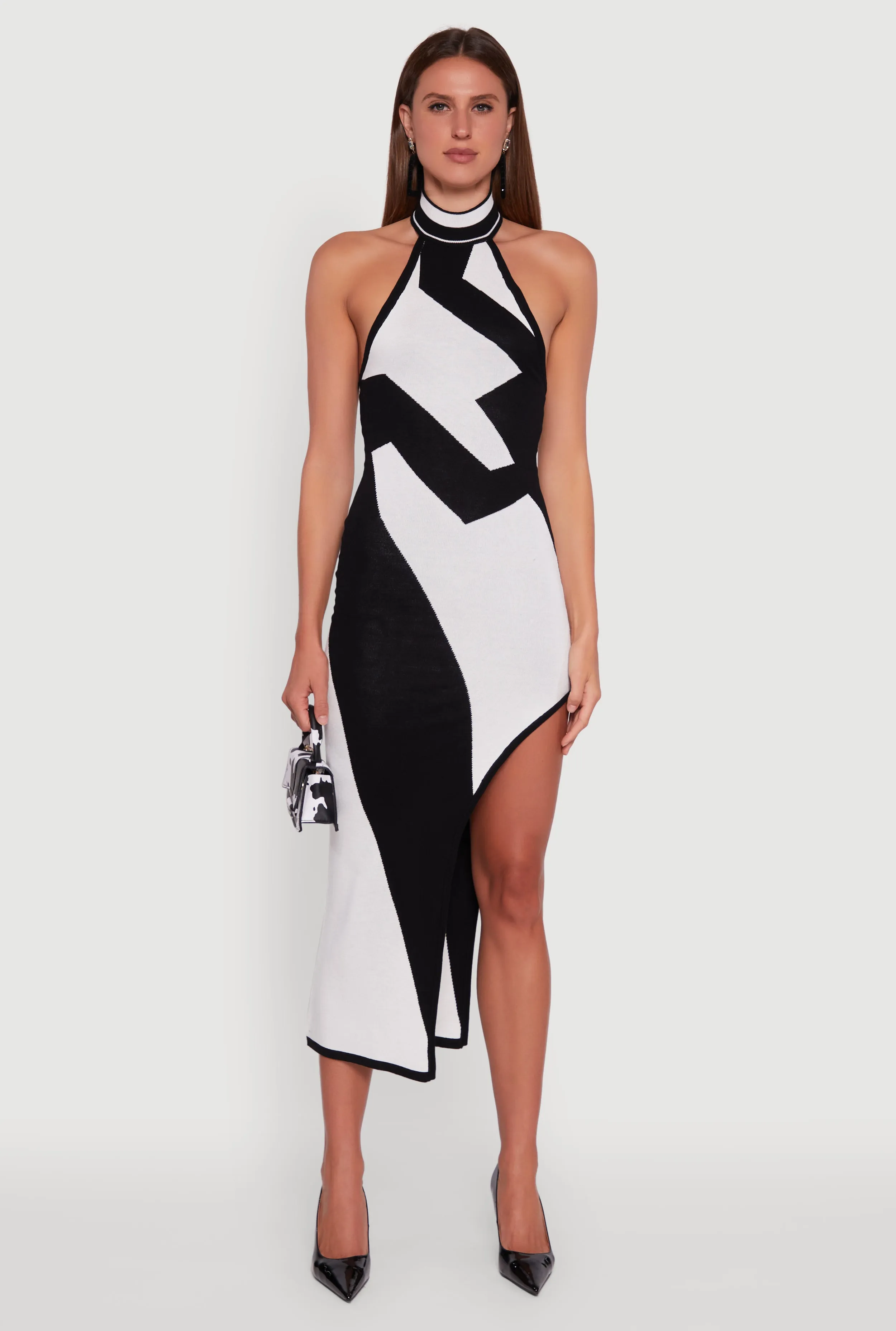 Abstract Printed Side Slit Halter Midi Dress Valley Path