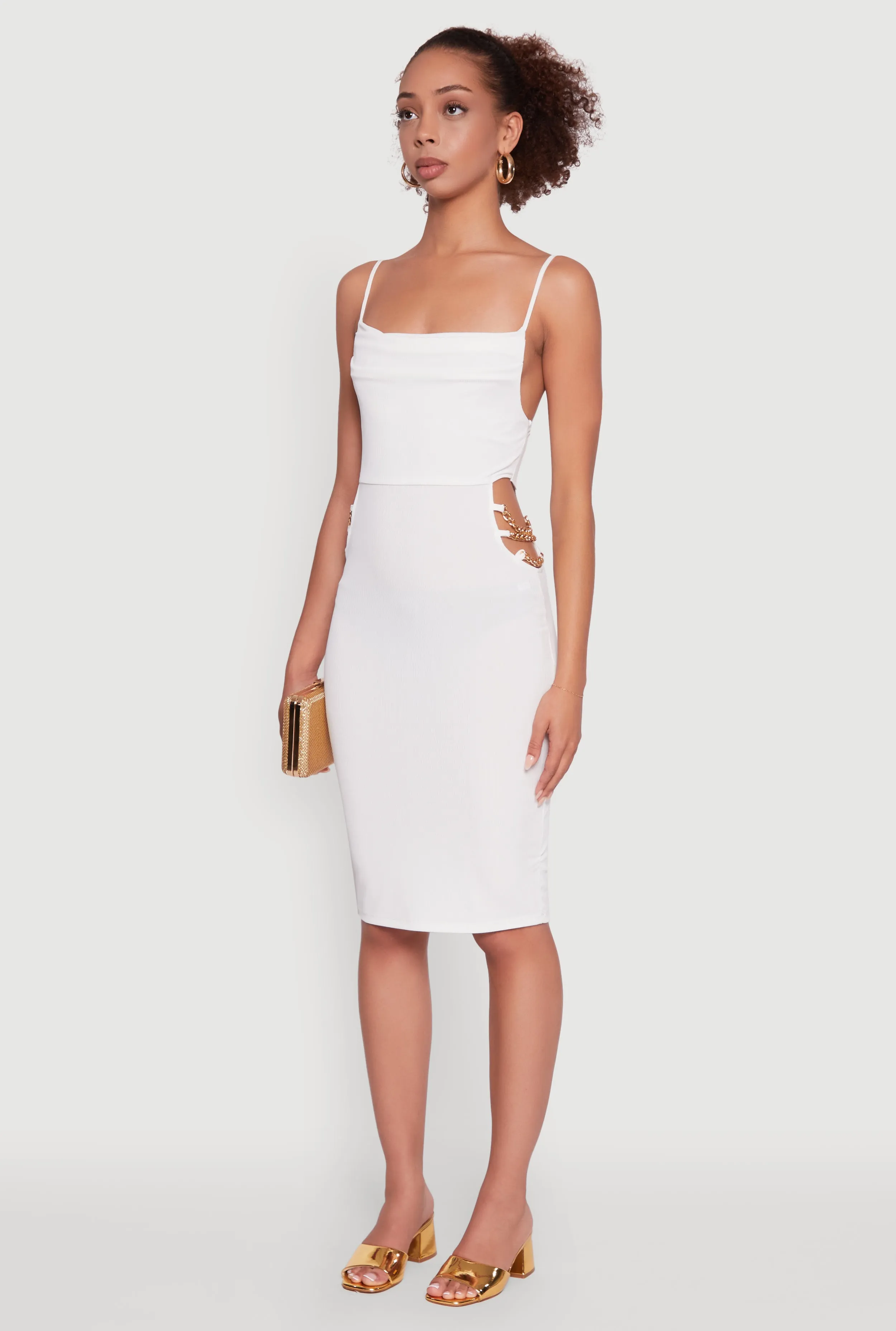 Office Wear Valley Path Rib Knit Caged Side Midi Dress with Ornamental Chains