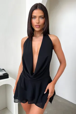 Cleo Plunge Cowl Neck Mini Dress - Black Simple Style Look Vibrant Prints
