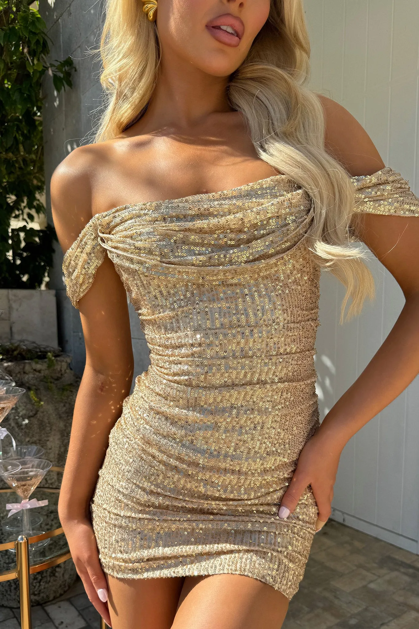 Nara Off Shoulder Sequin Mini Dress - Champagne All Day Wear Smooth Elastic