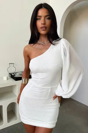 Cozy Fit Style Tiara One Shoulder Sequin Mini Dress - White