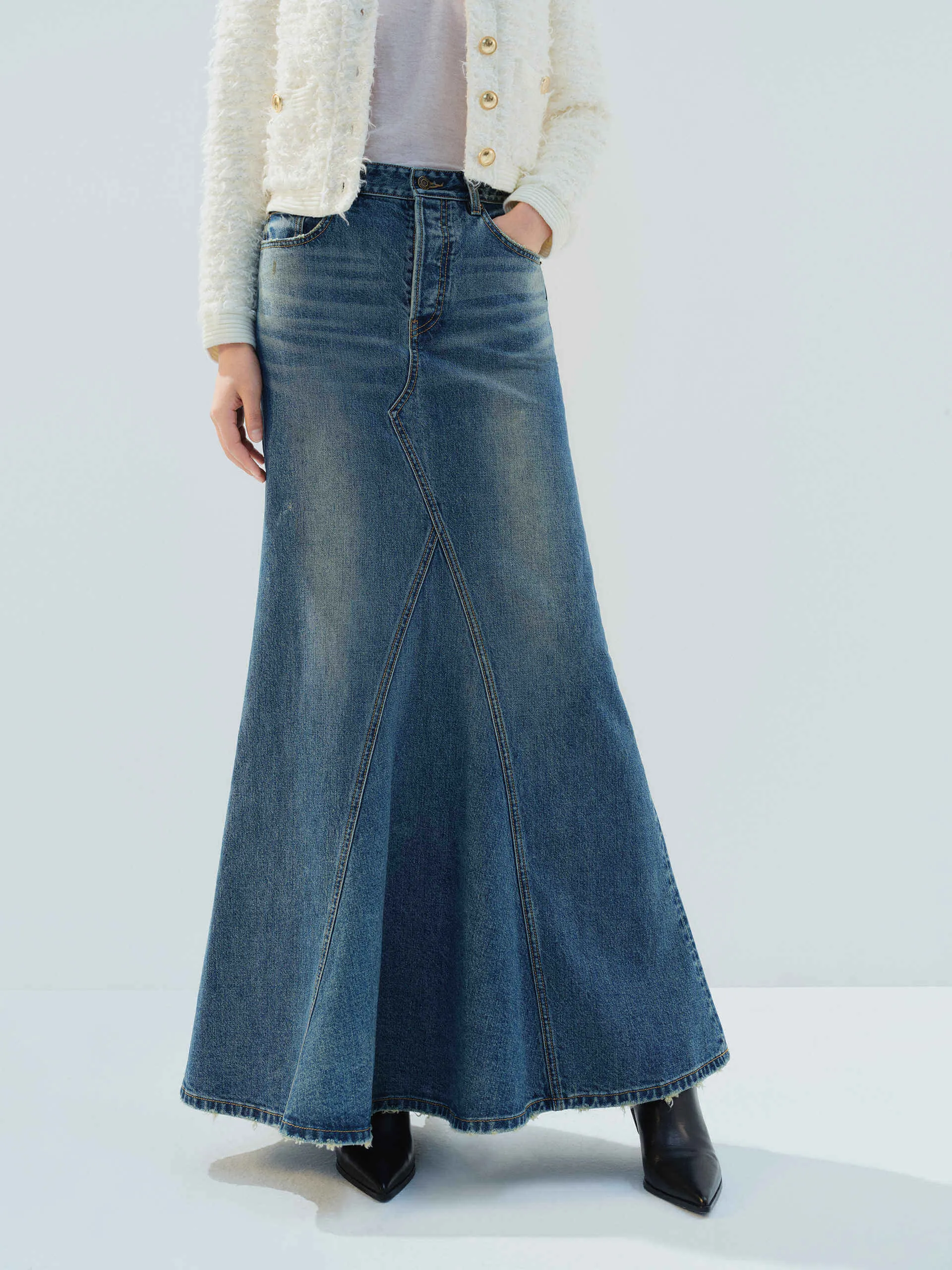 Paneled Denim Maxi Skirt Photography Session Outfit Essence