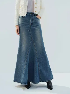 Influencer Style Paneled Denim Maxi Skirt