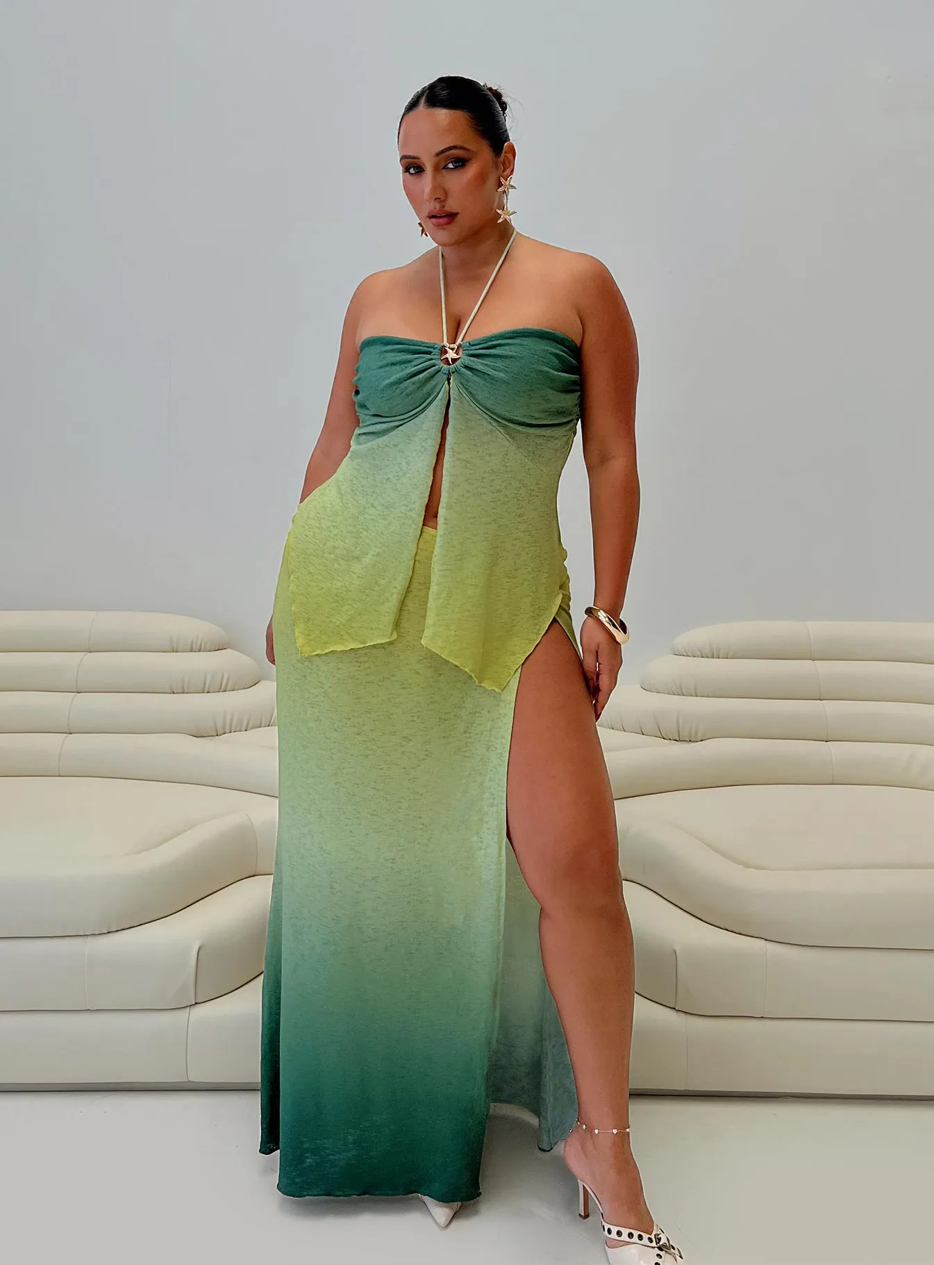 Star Girl Maxi Skirt Green Ombre Curve smooth zipper