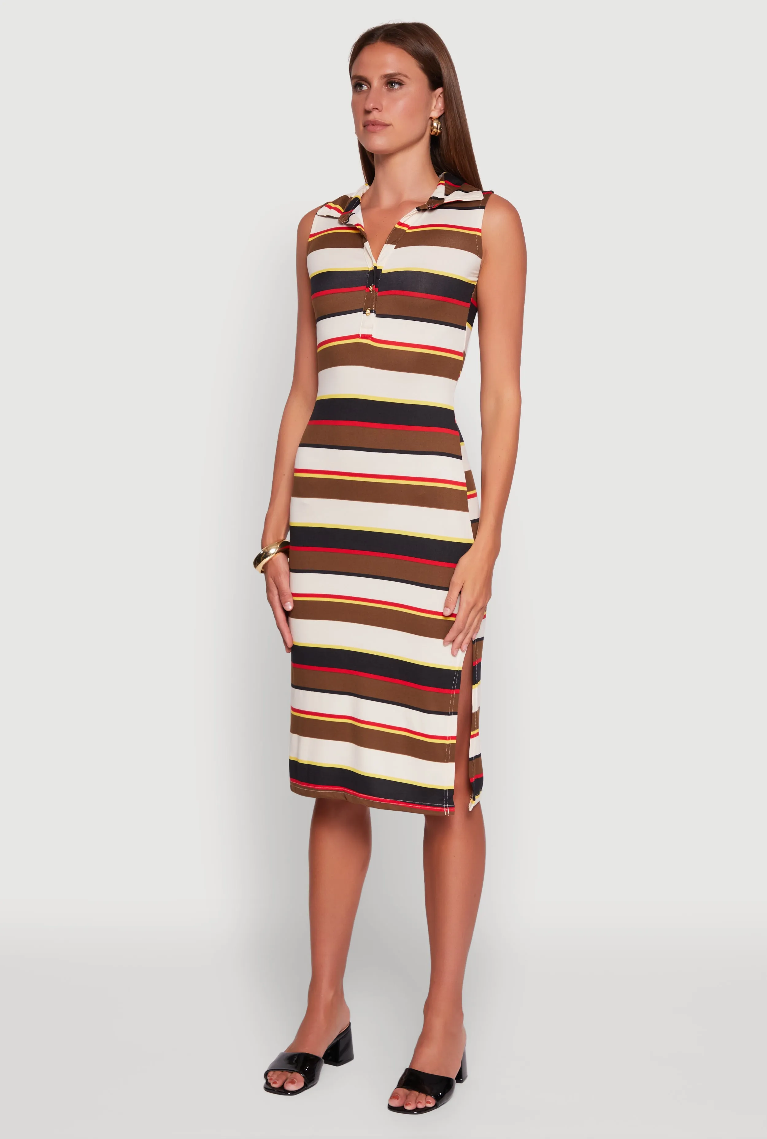 Music Hall Striped Sleeveless Side Slit Shirt Dress
