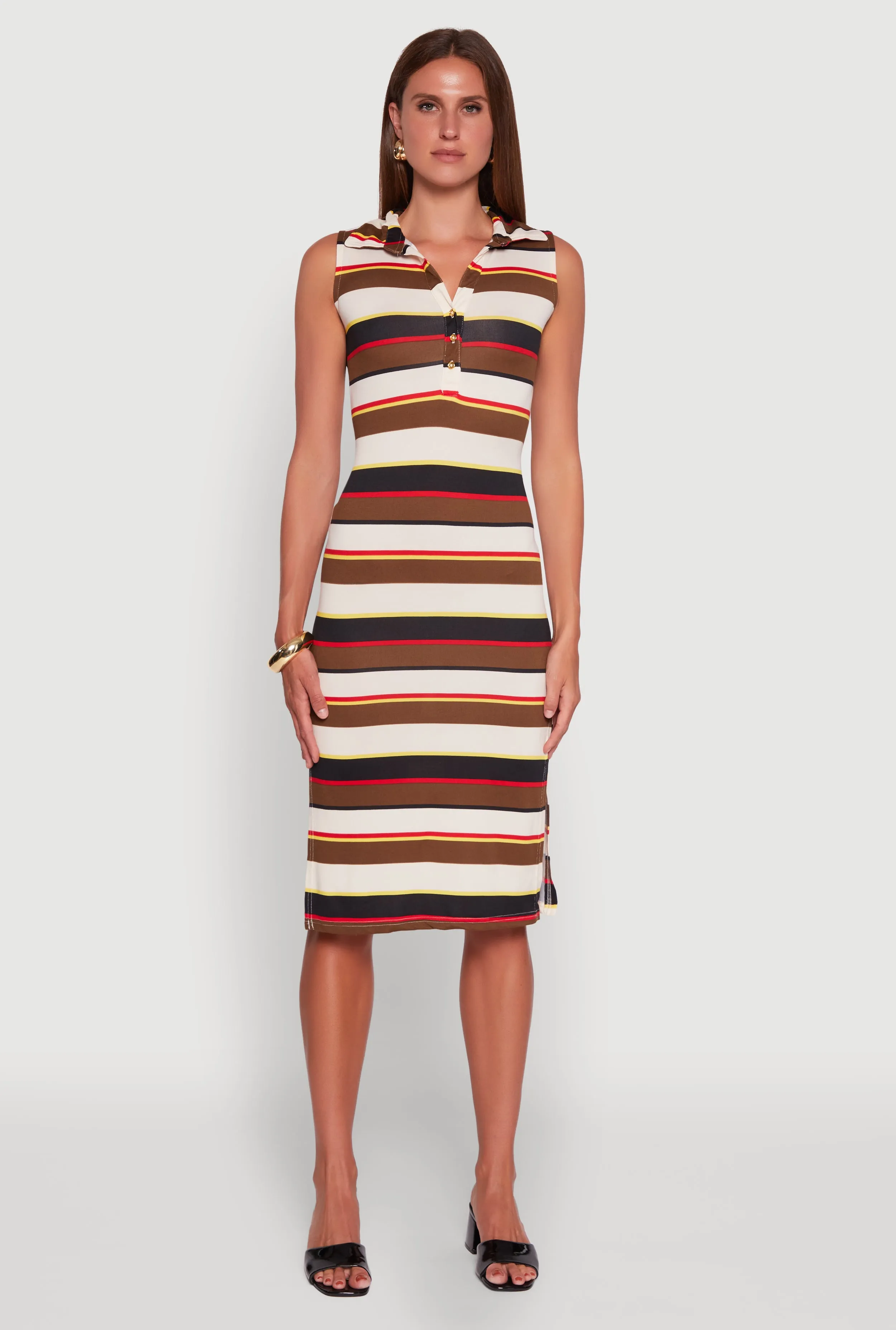 Striped Sleeveless Side Slit Shirt Dress Rose Garden Windy Ready