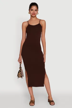 Trendy Ribbed Knit Side Slit Midi Dress Elegant Mom