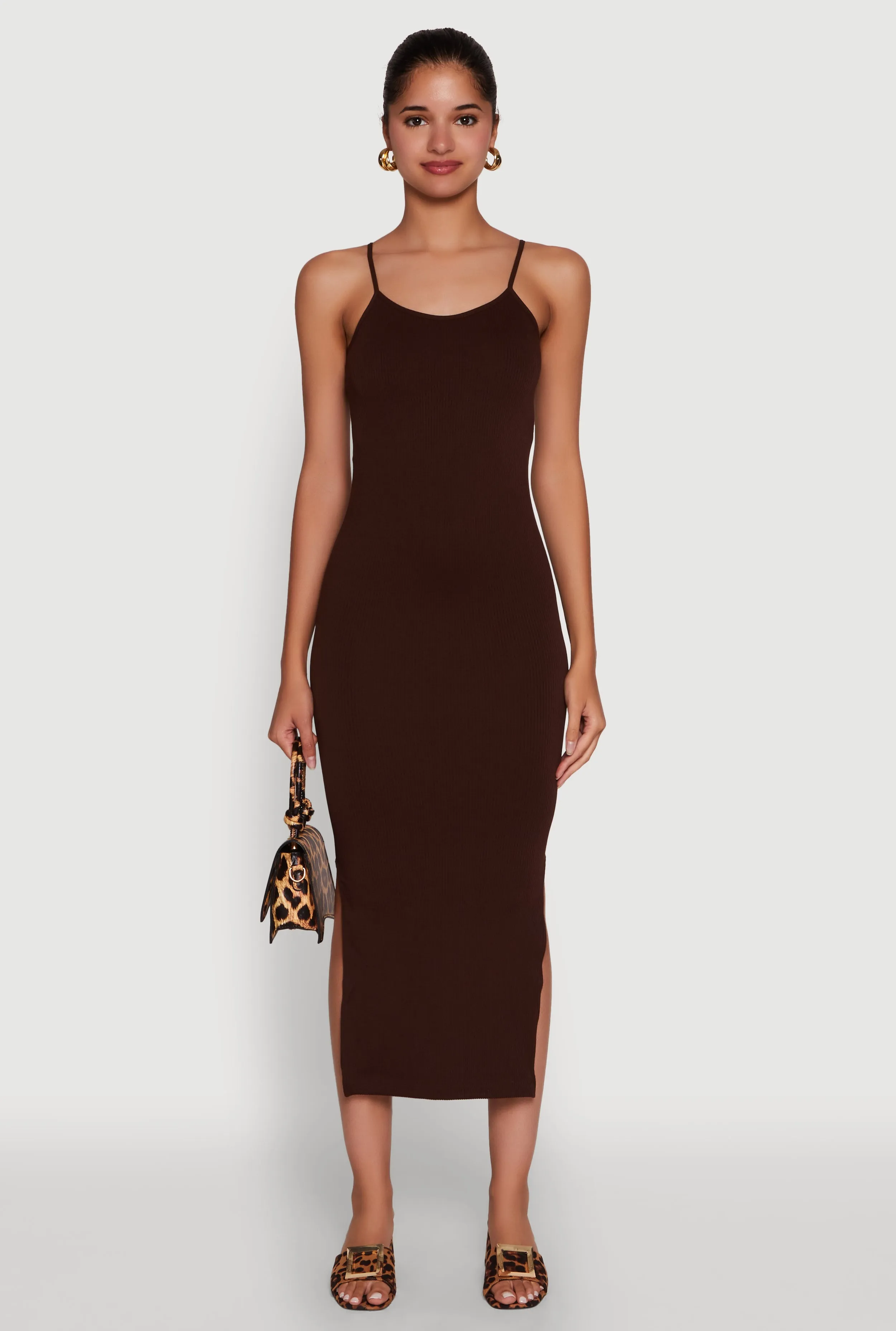 Trendy Ribbed Knit Side Slit Midi Dress Trendy Outfit