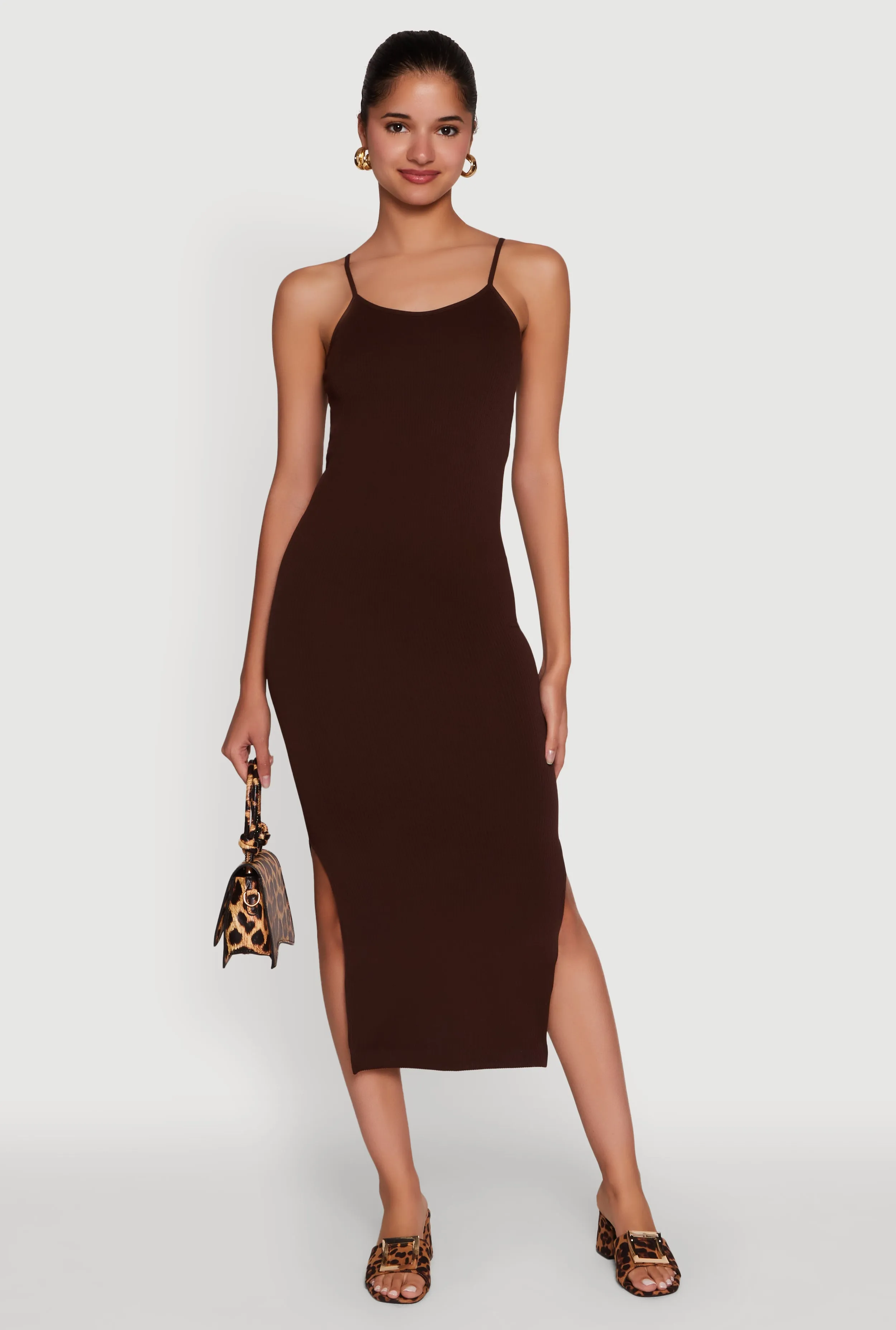 Trendy Ribbed Knit Side Slit Midi Dress Elegant Mom