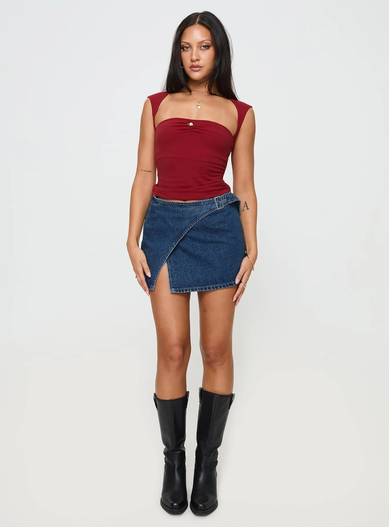 Wait Up Denim Wrap Mini Skirt Mid Wash Crochet Style Fresh Vibe