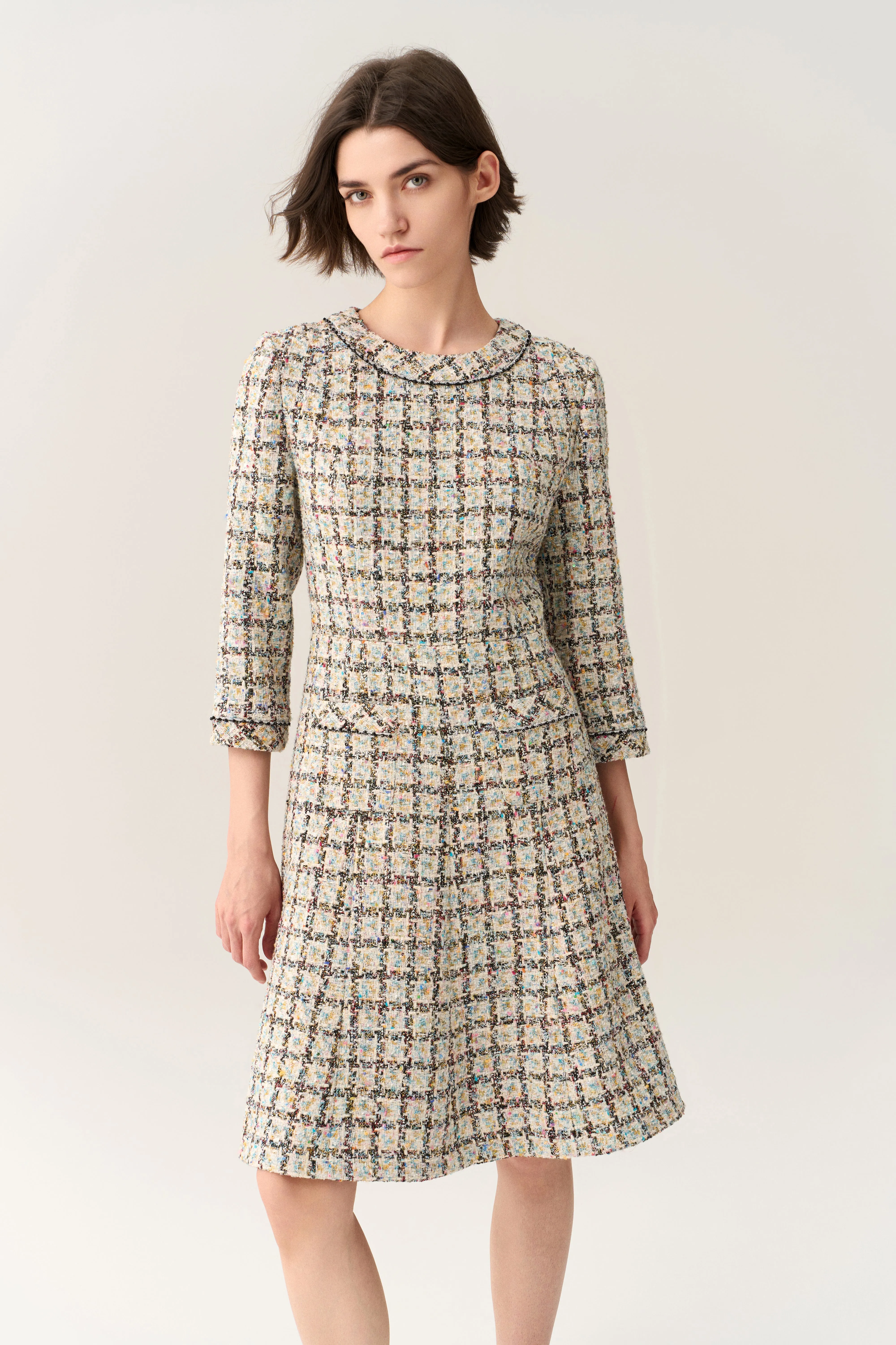 Flared-hem Patch Pocket Checker Tweed Dress Comfort Fit