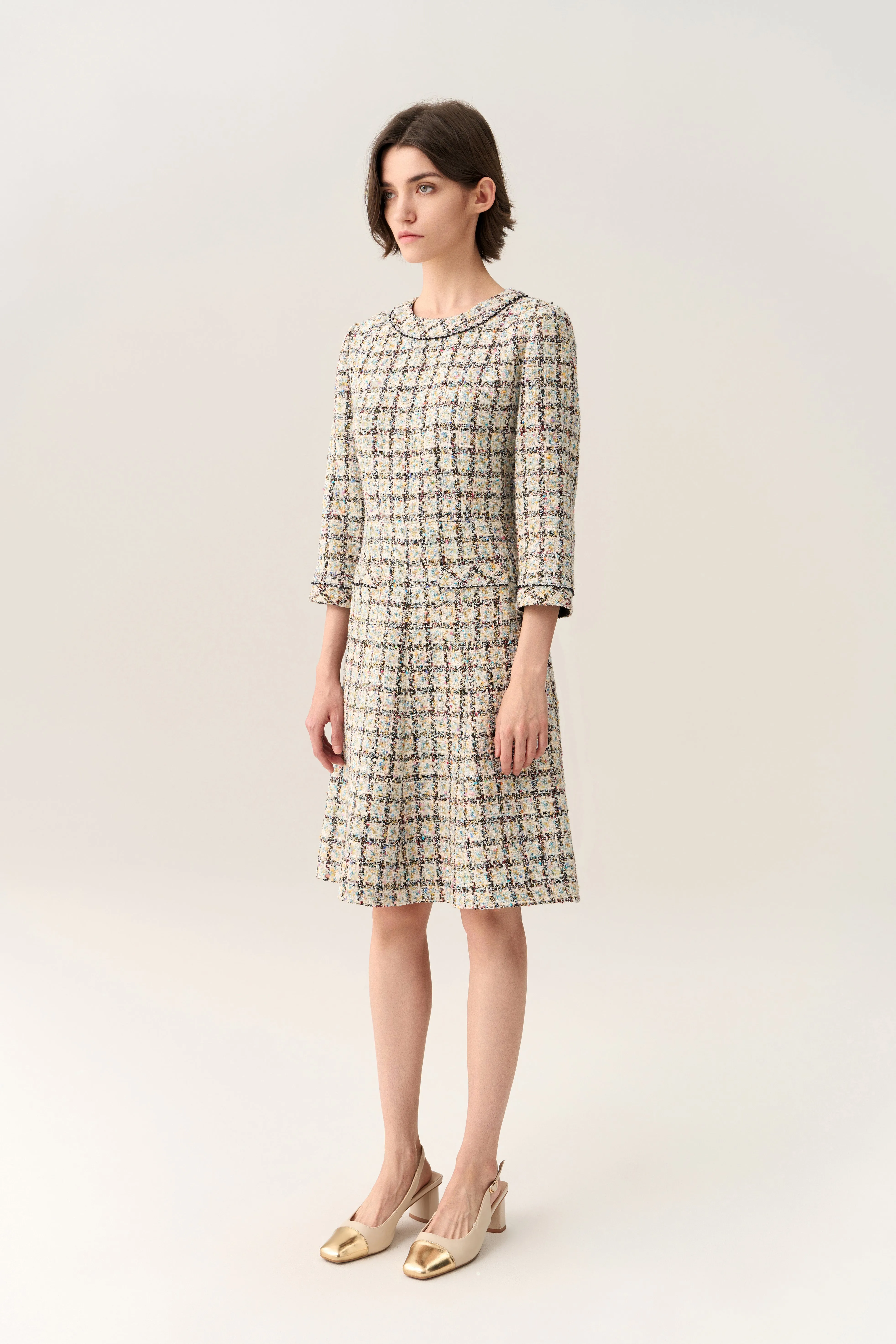 Flared-hem Patch Pocket Checker Tweed Dress Tough Core SeamlessPockets