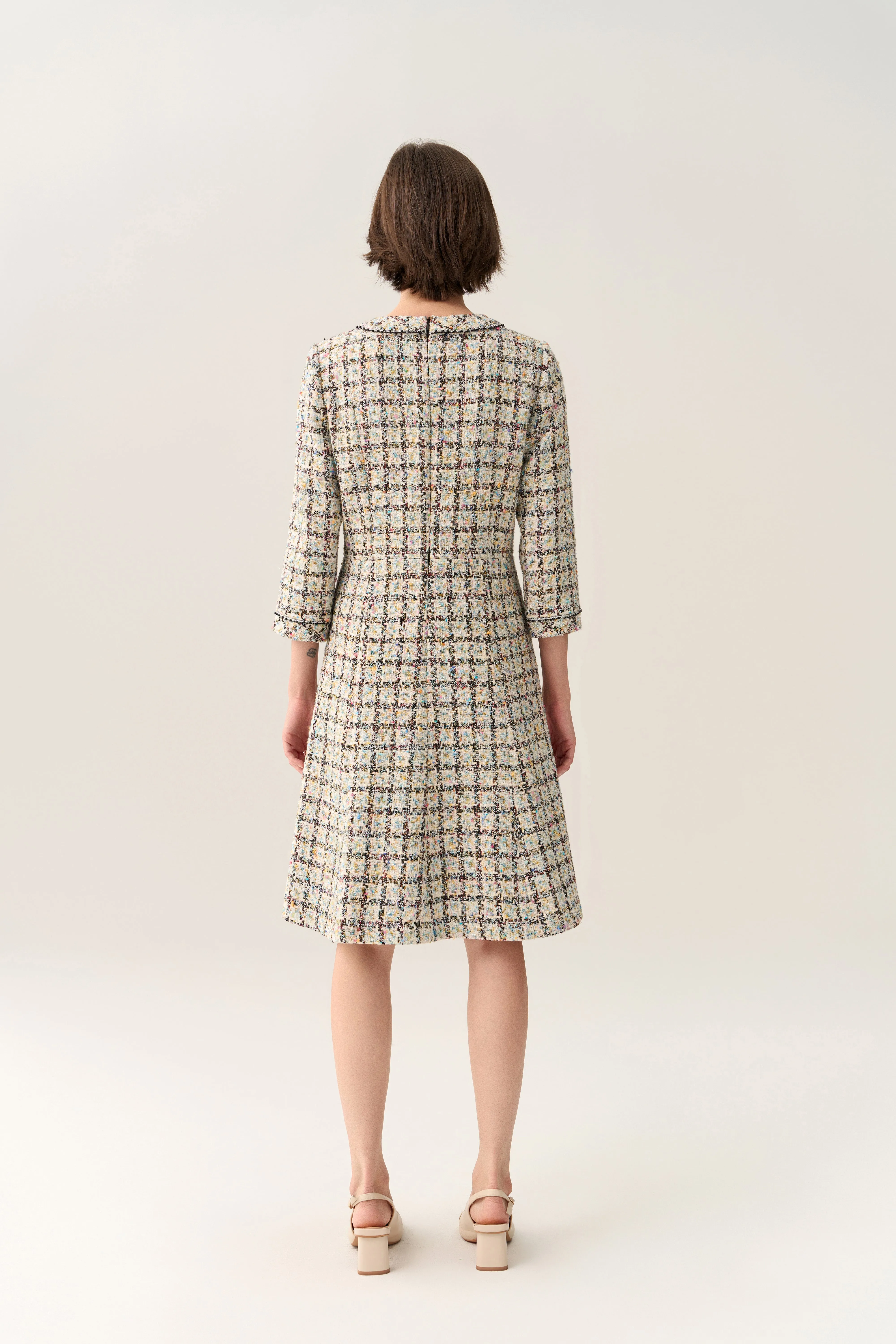 Flared-hem Patch Pocket Checker Tweed Dress Silent Mood Matte Tone