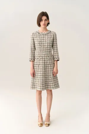 Wave Core Flared-hem Patch Pocket Checker Tweed Dress