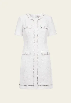 Breathable Lamination Flexible Waistline White Lurex Lightweight Tweed Dress