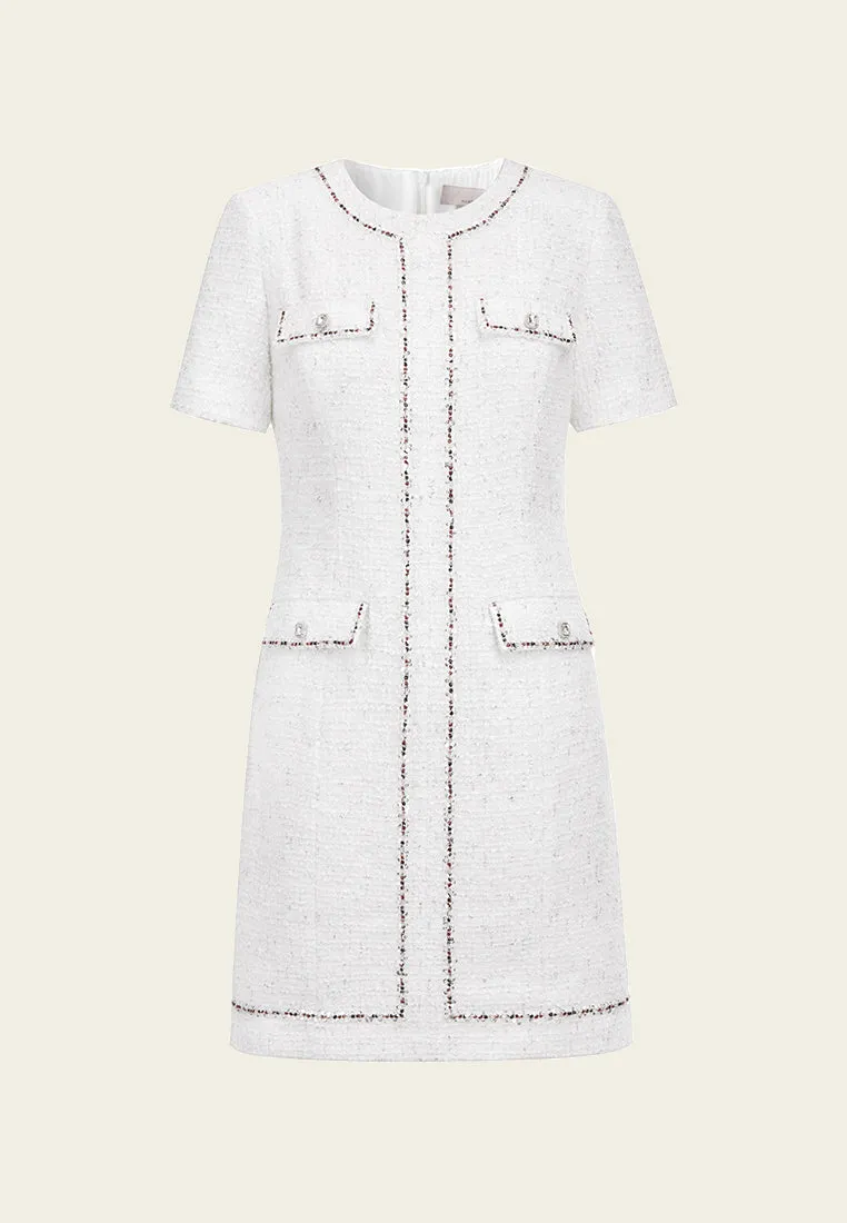 Breathable Lamination Flexible Waistline White Lurex Lightweight Tweed Dress