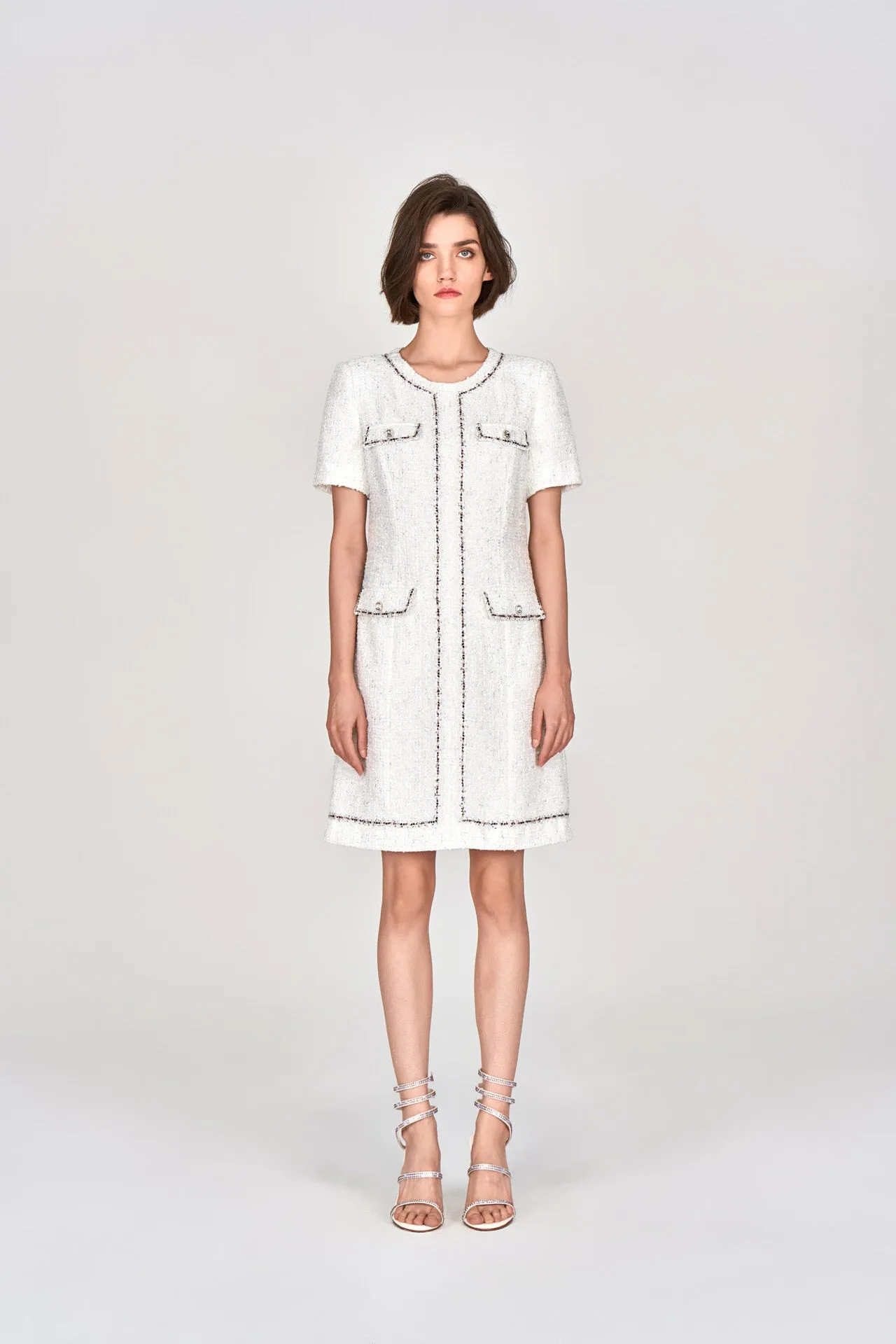 White Lurex Lightweight Tweed Dress Heart Glow AntiPilling Surface