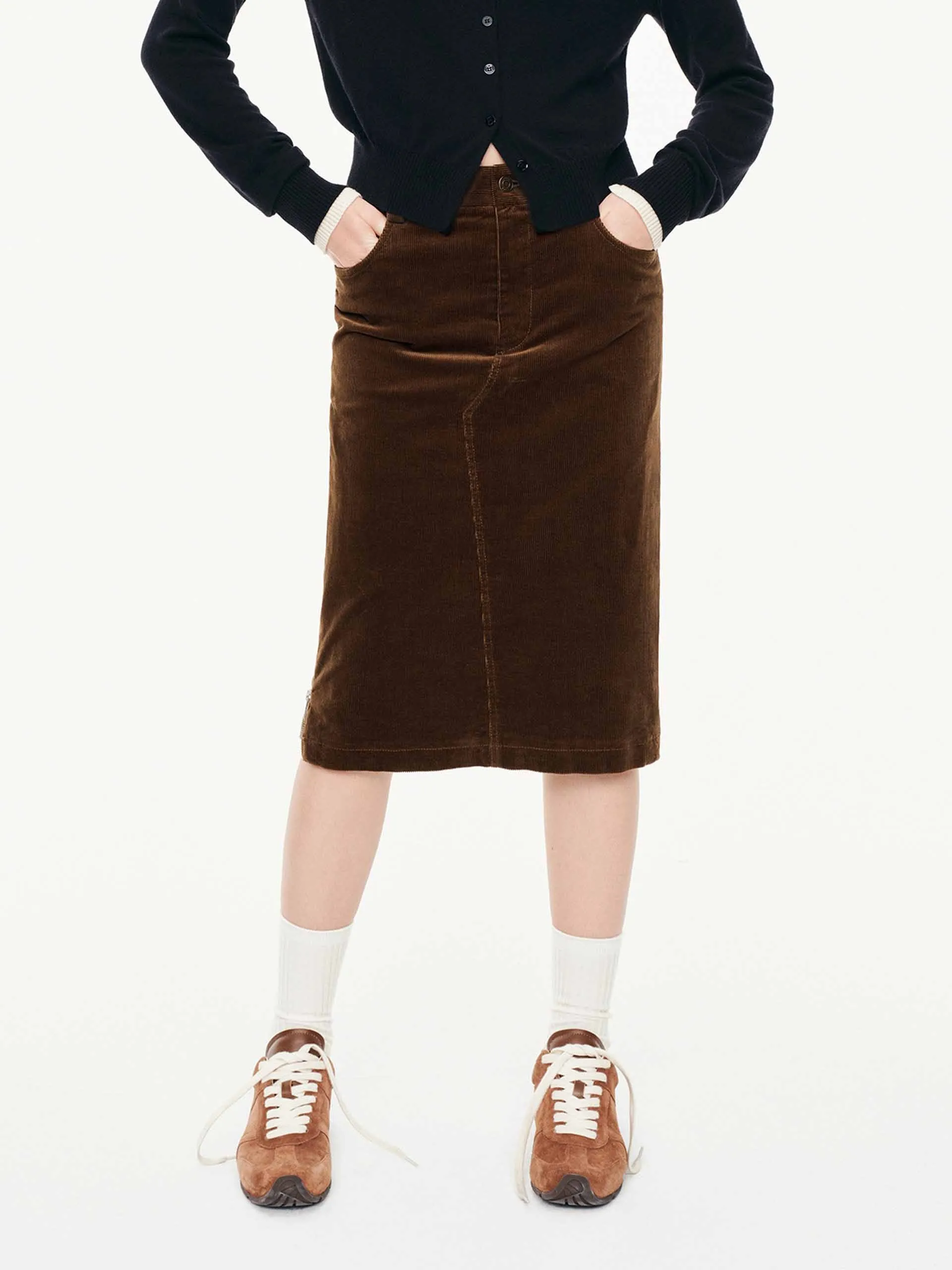 Straight Cut Corduroy Skirt Slip Resistant Waist Neutral palette
