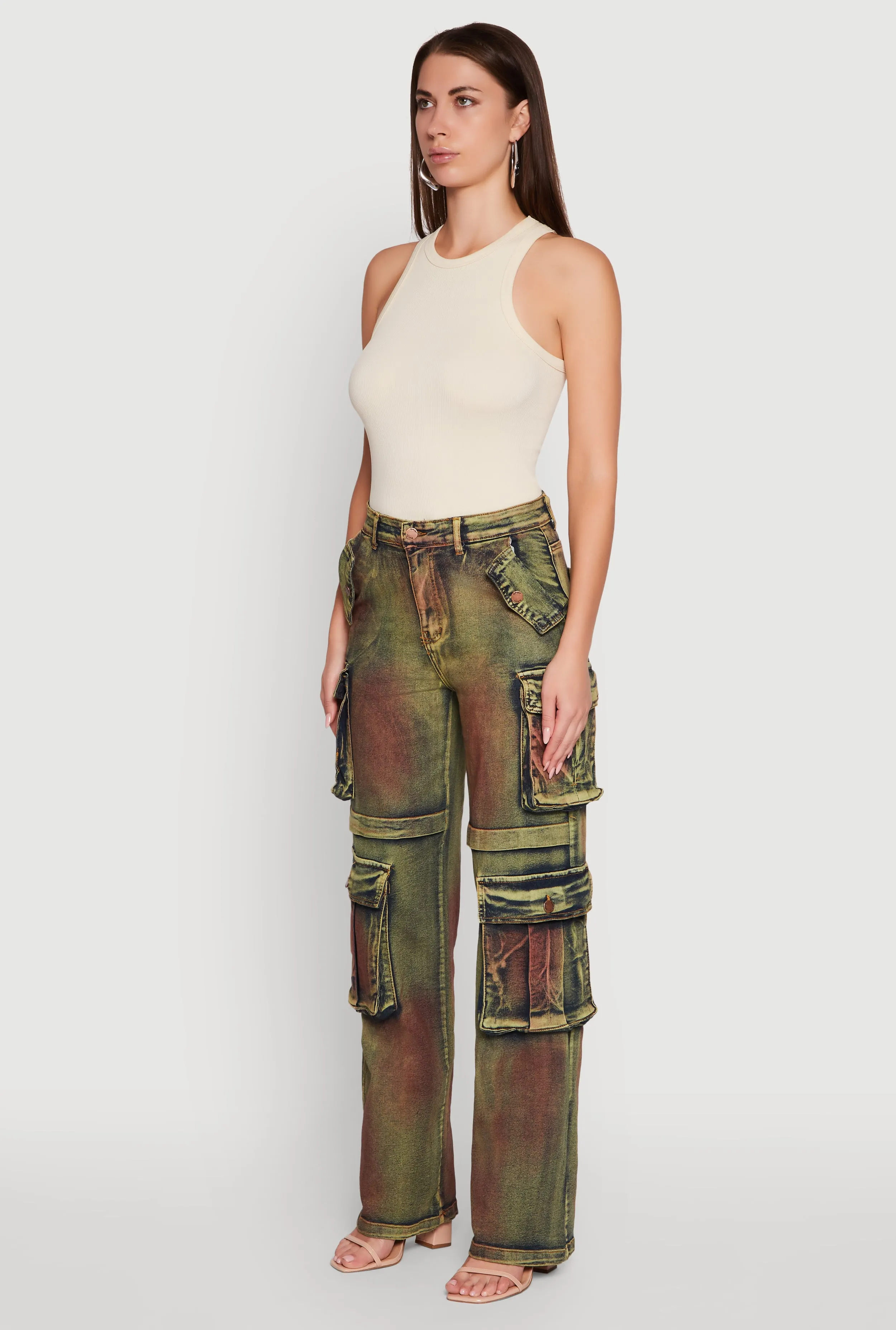 Acid Wash Wide Leg Cargo Jeans Breathable Lining System