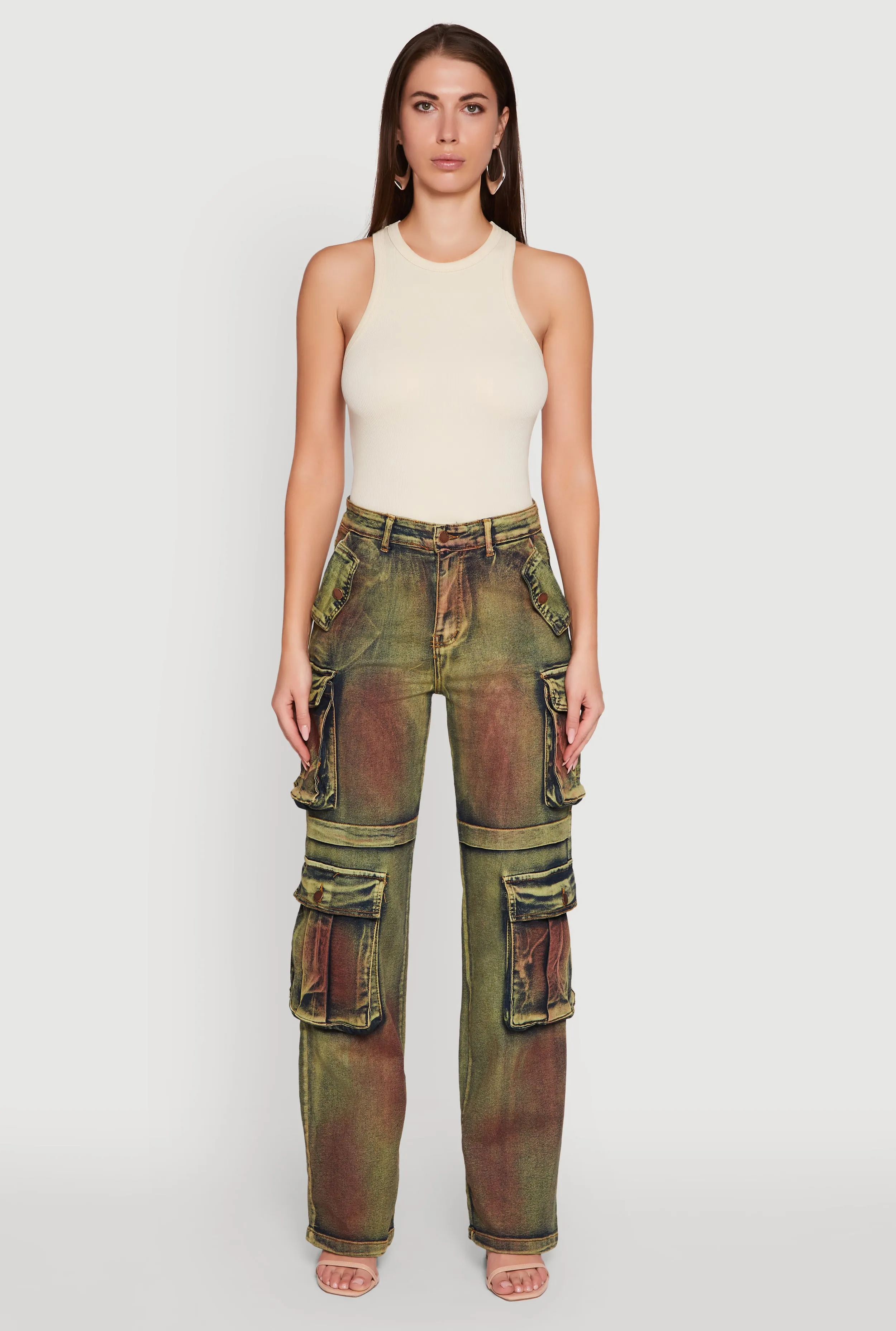 Water Efficient Wash Process Acid Wash Wide Leg Cargo Jeans