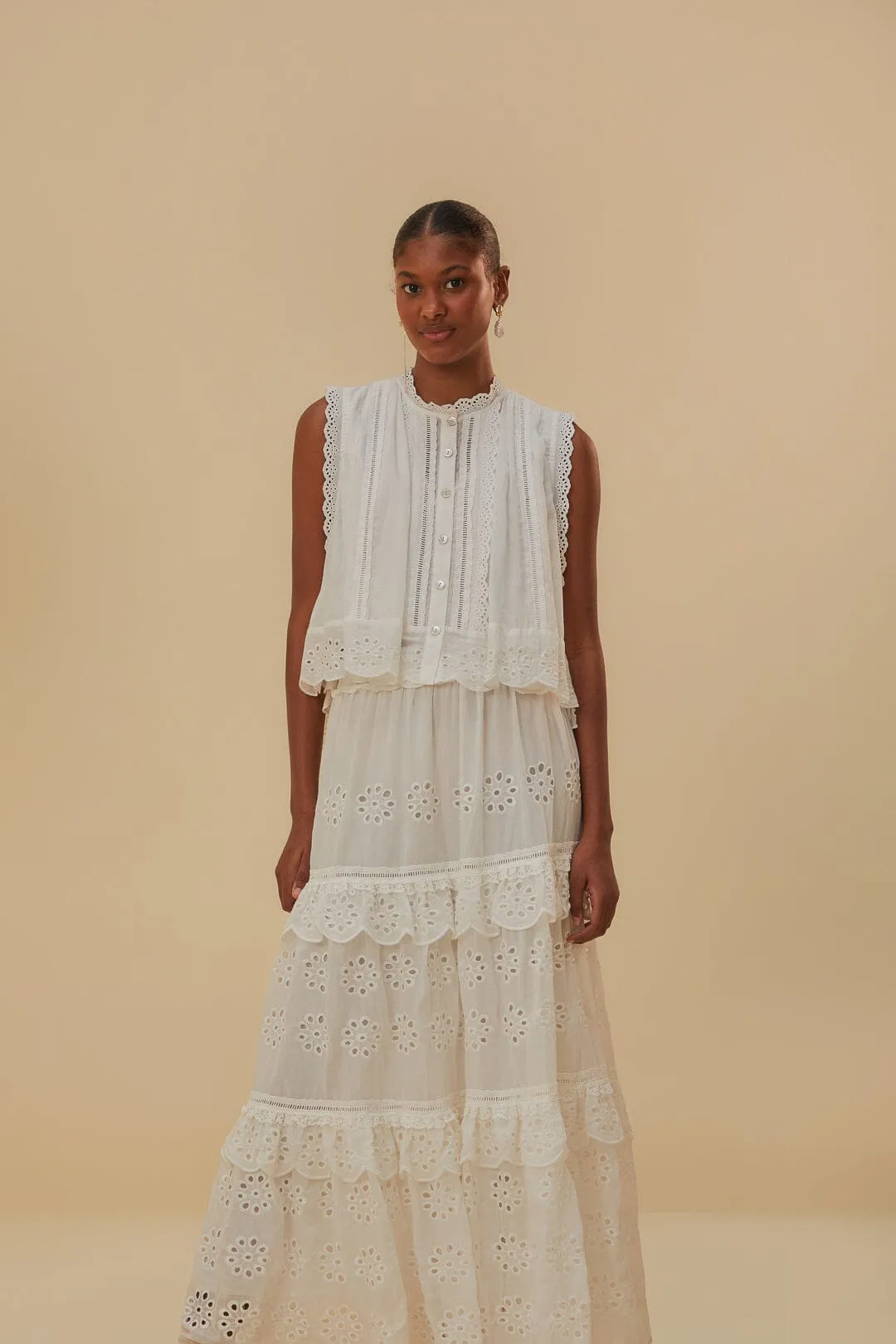 Layered Structure Off-White Low Waist Organic Cotton Maxi Skirt