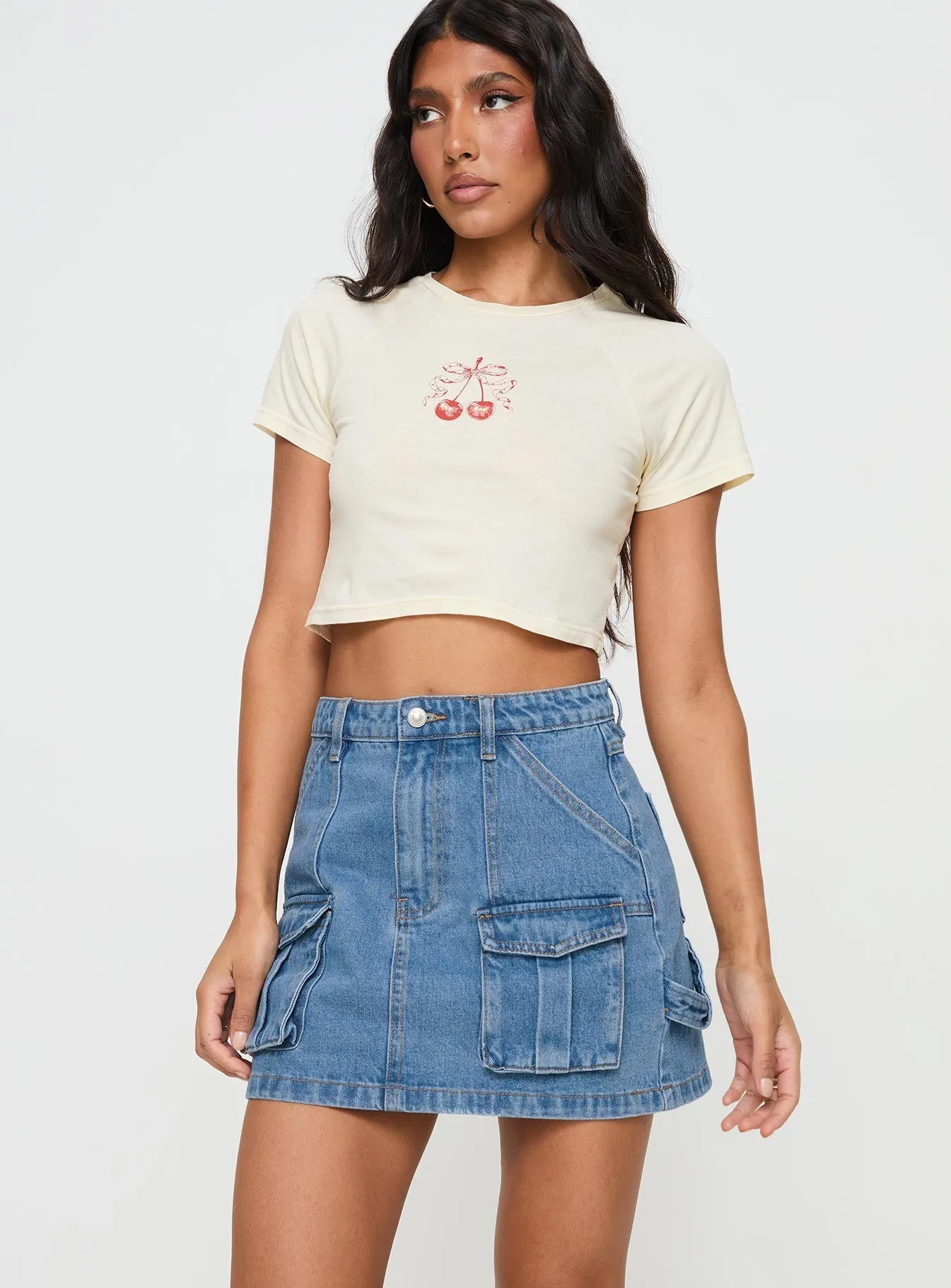 Sleek Motion Streetwear Look Chillders Denim Mini Skirt Mid Wash Tall