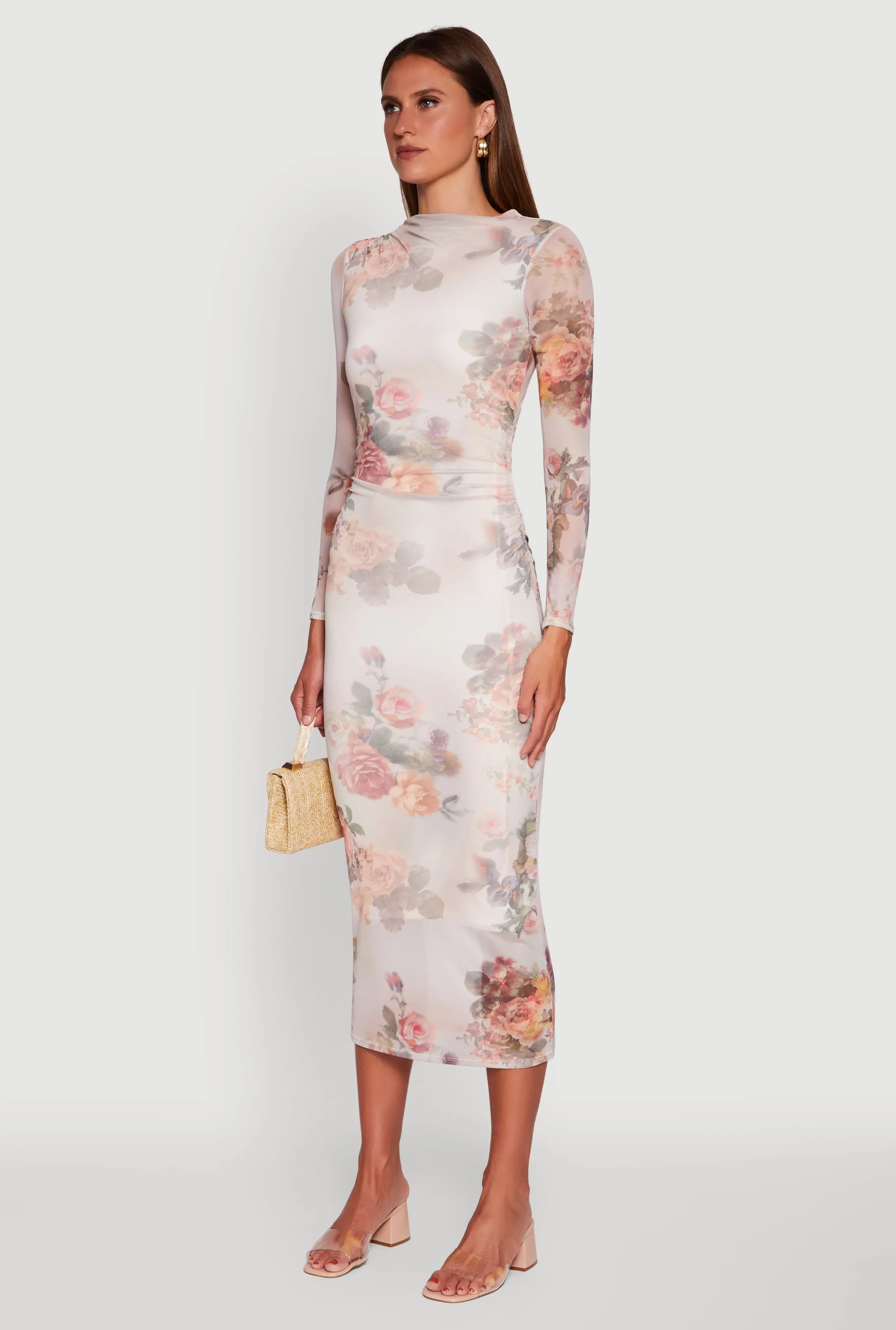 Rainbow Arc Windy Ready Almost Famous Patterned Mesh Ruched Side Midi Dress
